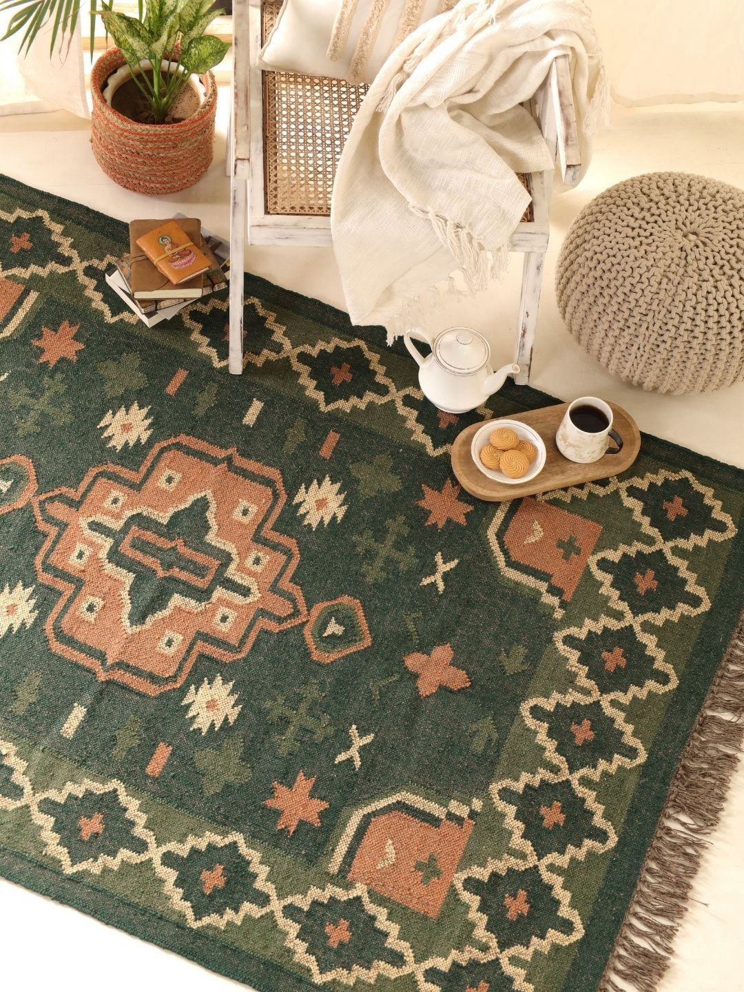 Peepul Tree Green & Peach Coloured Geometric Handmade Woollen Carpet-picture-17