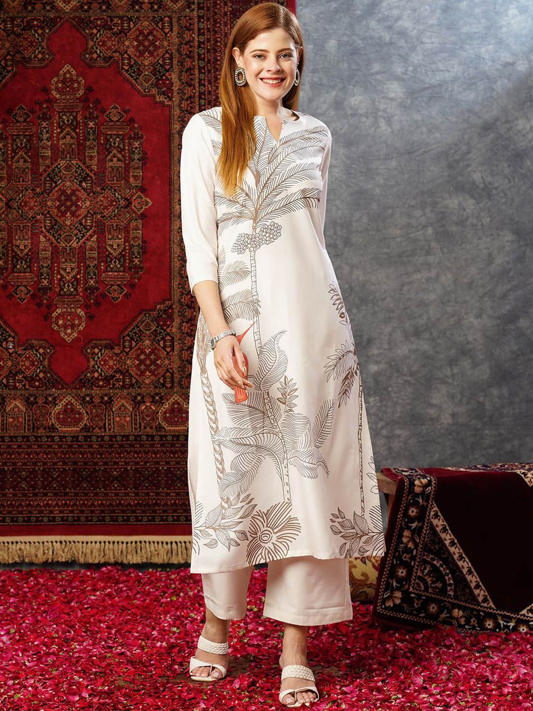 KALINI Floral Printed Notched Neck Straight Kurta with Trousers