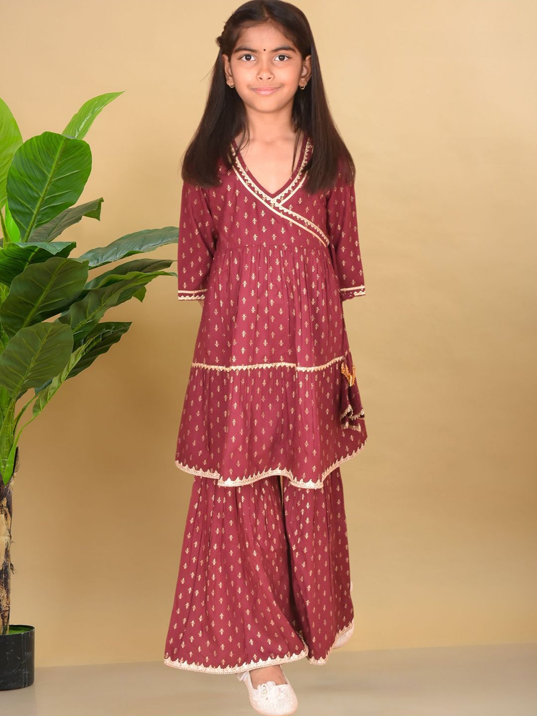 misbis Girls Ethnic Motifs Printed Angrakha Thread Work A-Line Kurta with Sharara-picture-12