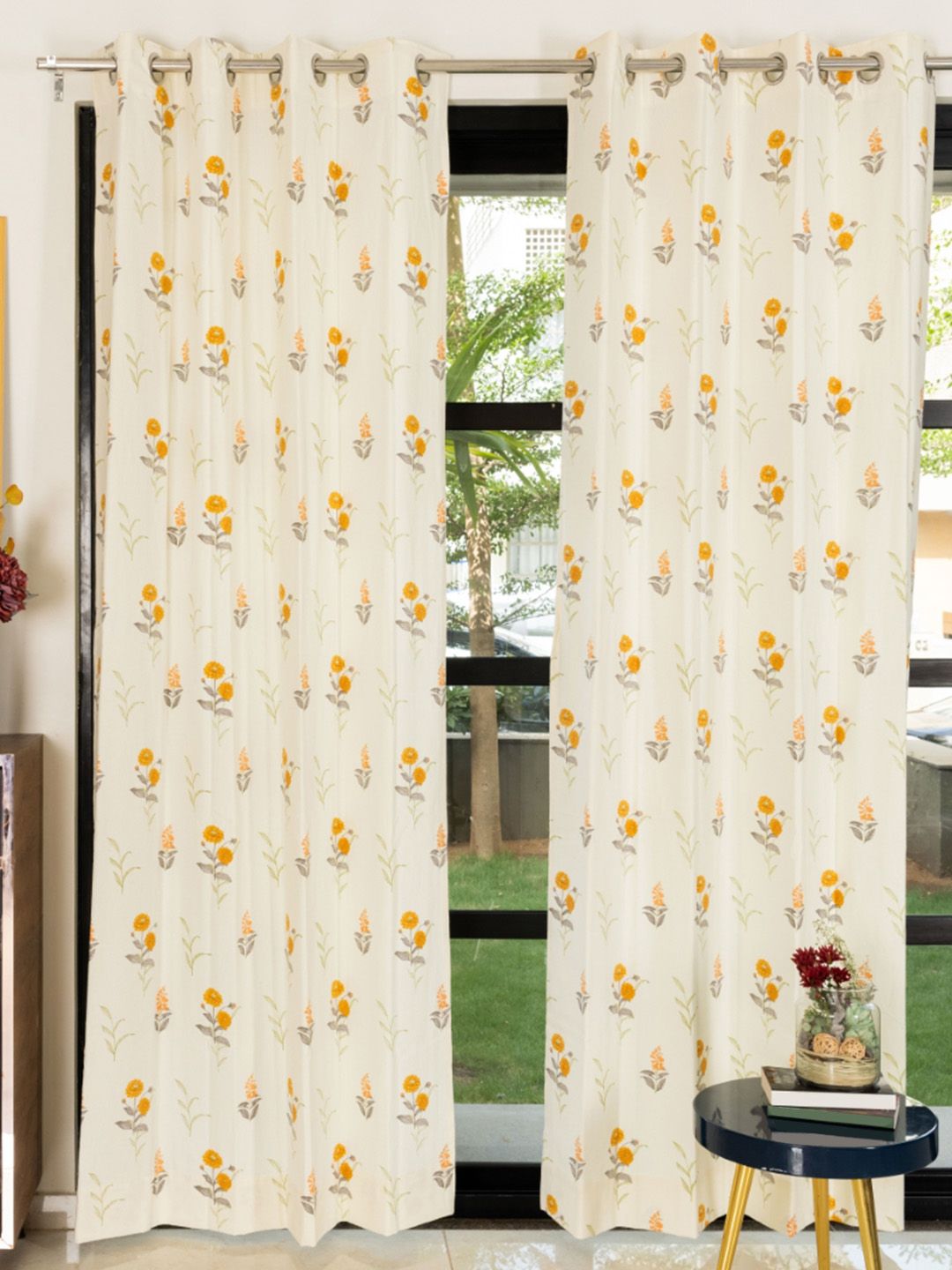 URBAN SPACE Yellow & Cream Coloured 2 Pieces Floral Printed Pure Cotton Long Door Curtains-image-45