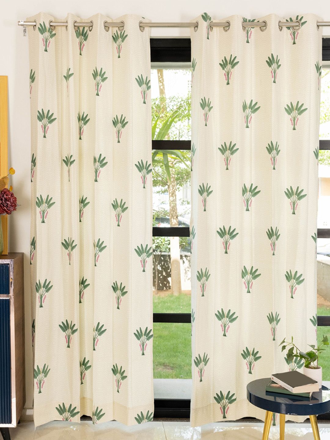 URBAN SPACE Green & Cream Coloured 2 Pieces Floral Printed Pure Cotton Door Curtains