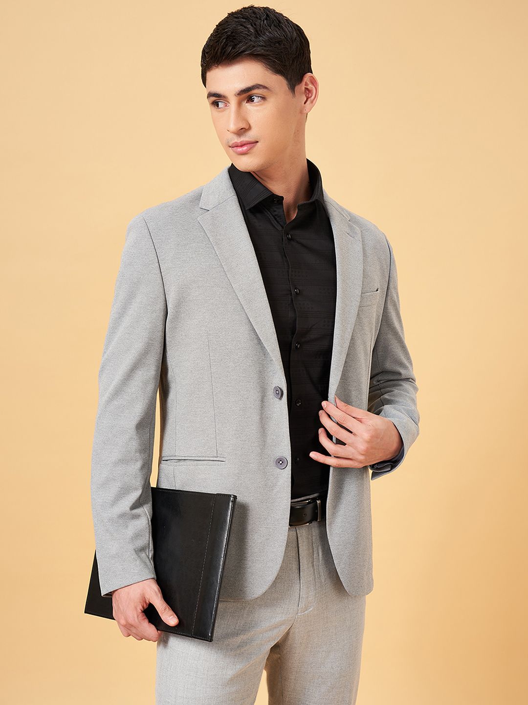 BYFORD by Pantaloons Slim Fit Notched Lapel Single Breasted Cotton Formal Blazer-image-1