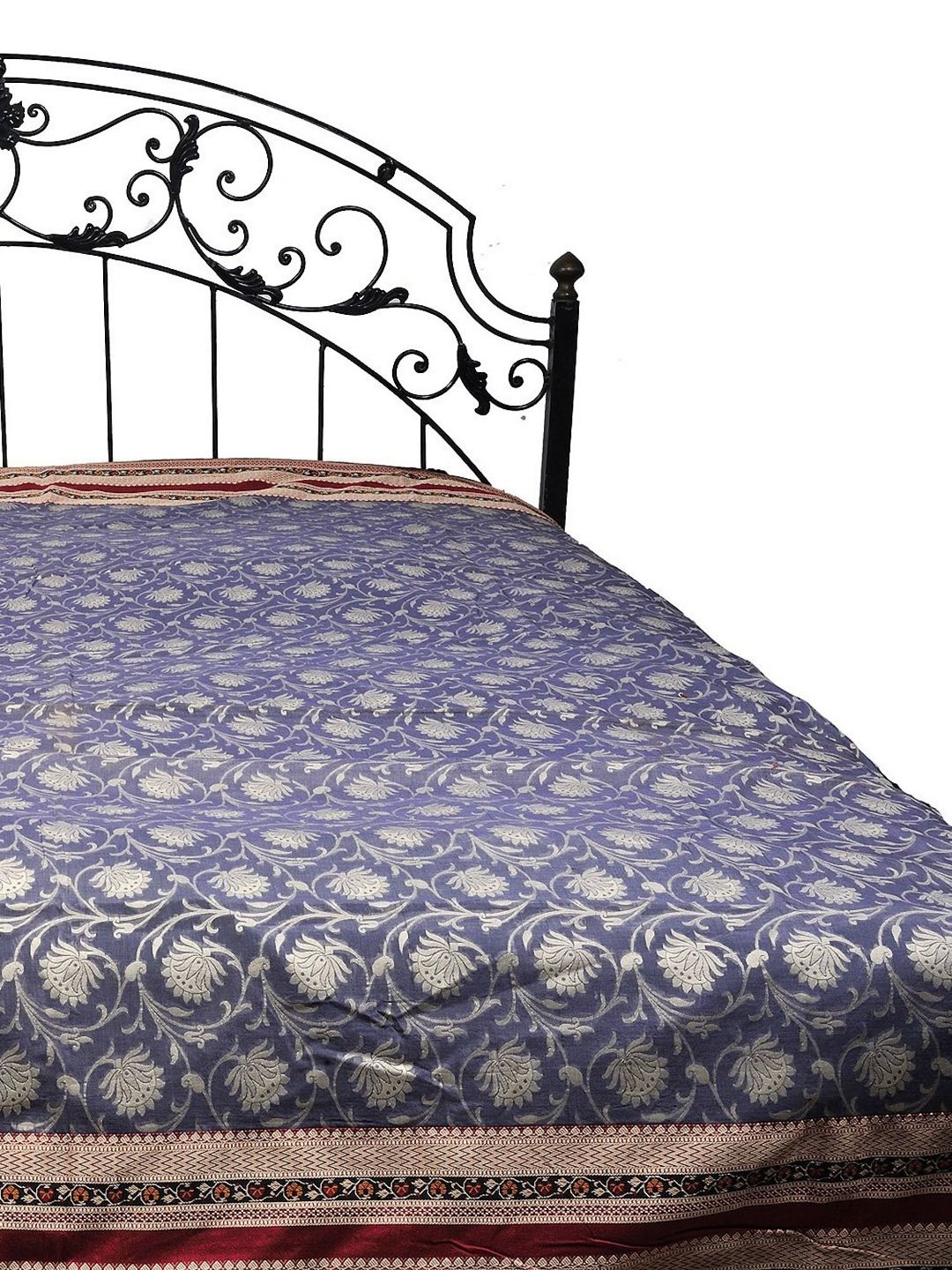 Exotic India Purple & Silver-Toned Floral Cotton 300 TC Queen Bedsheet-image-13