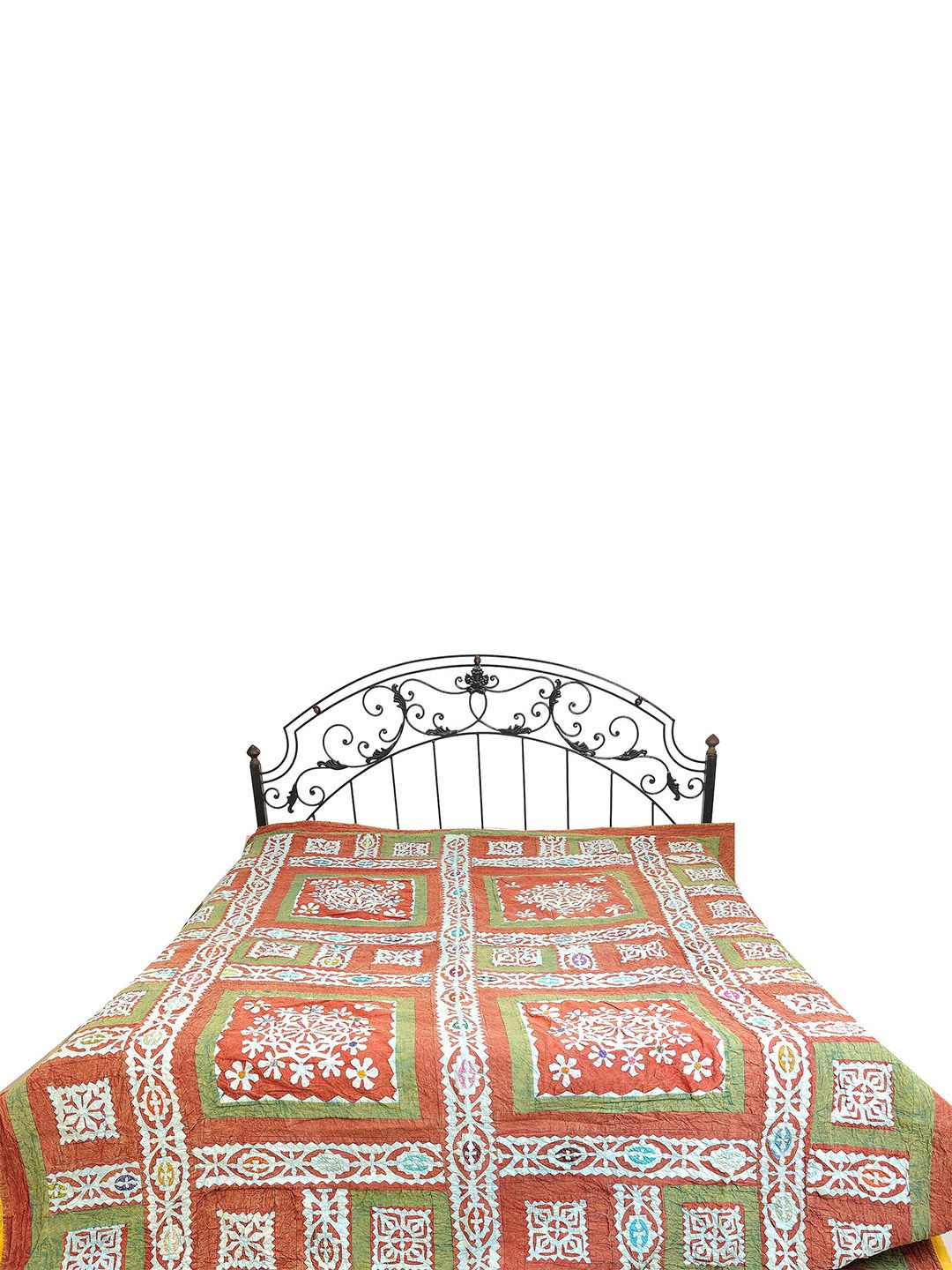 Exotic India Red & Green Floral Cotton 300 TC Queen Bedsheet-image-21