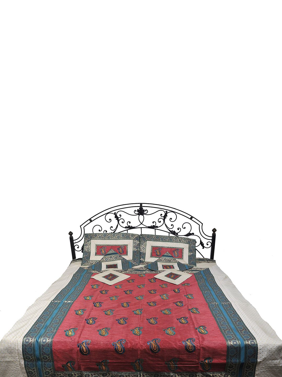 Exotic India Green & Maroon Ethnic Motifs 300 TC Queen Bedsheet With Pillow Covers-image-40