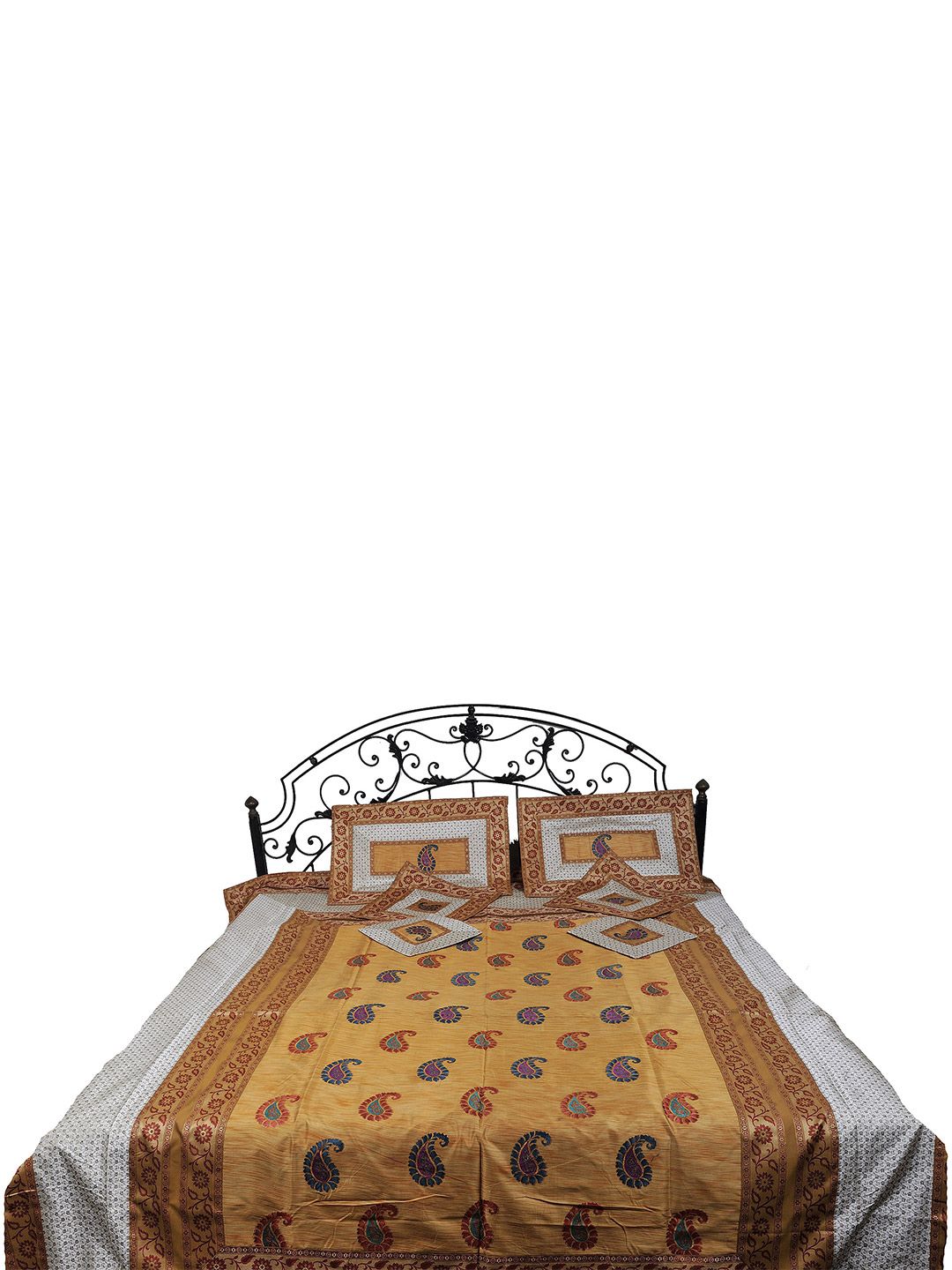 Exotic India Gold-Toned & Red Ethnic Motifs 300 TC Queen Bedsheet With Pillow Covers-picture-24