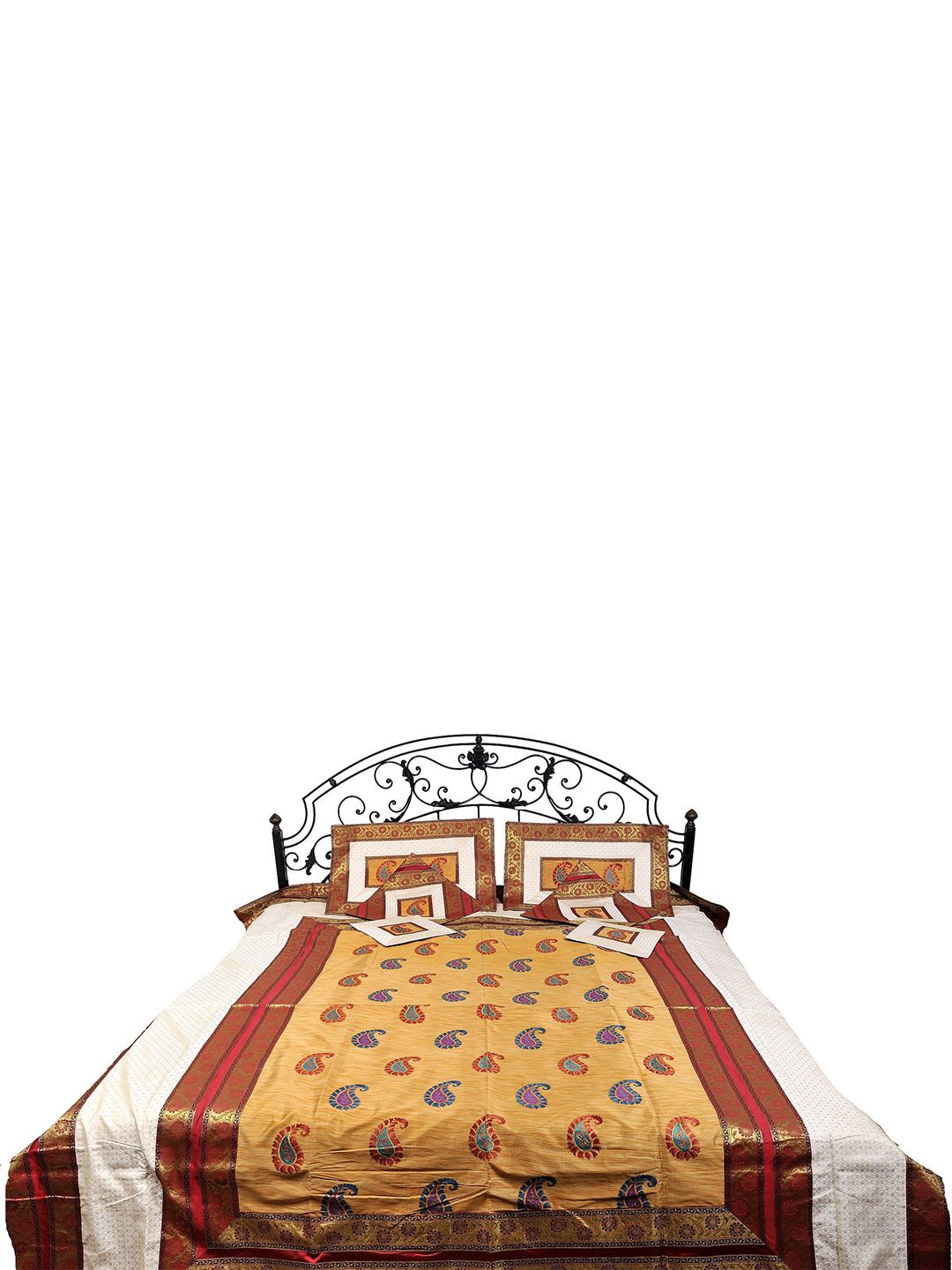 Exotic India Gold-Toned & Brown Ethnic Motifs 300 TC Queen Bedsheet With Pillow Covers-picture-23