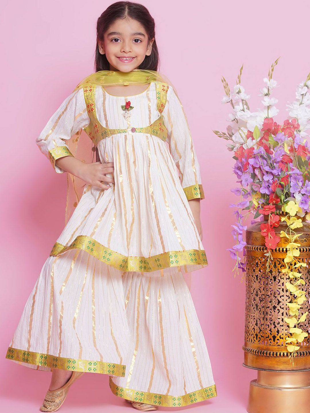 Little Bansi Girls Striped Embroidered Pure Cotton A-Line Kurta With Sharara & Dupatta-picture-13