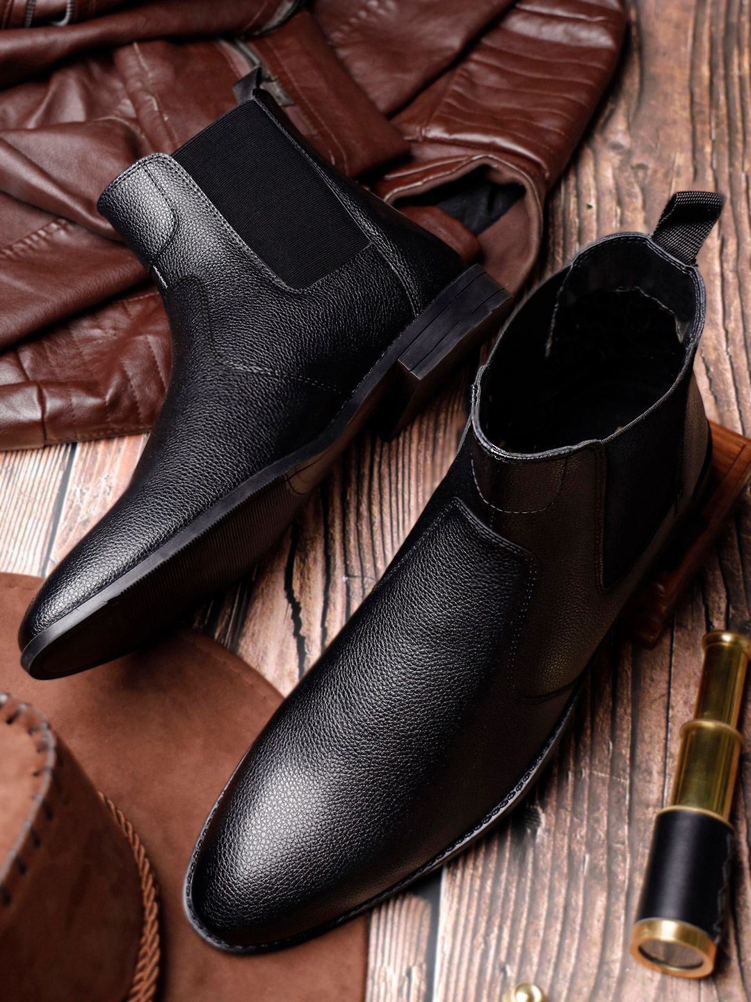 LOUIS STITCH Men Obsidian Black Mid-Top Slip-On Chelsea Boots