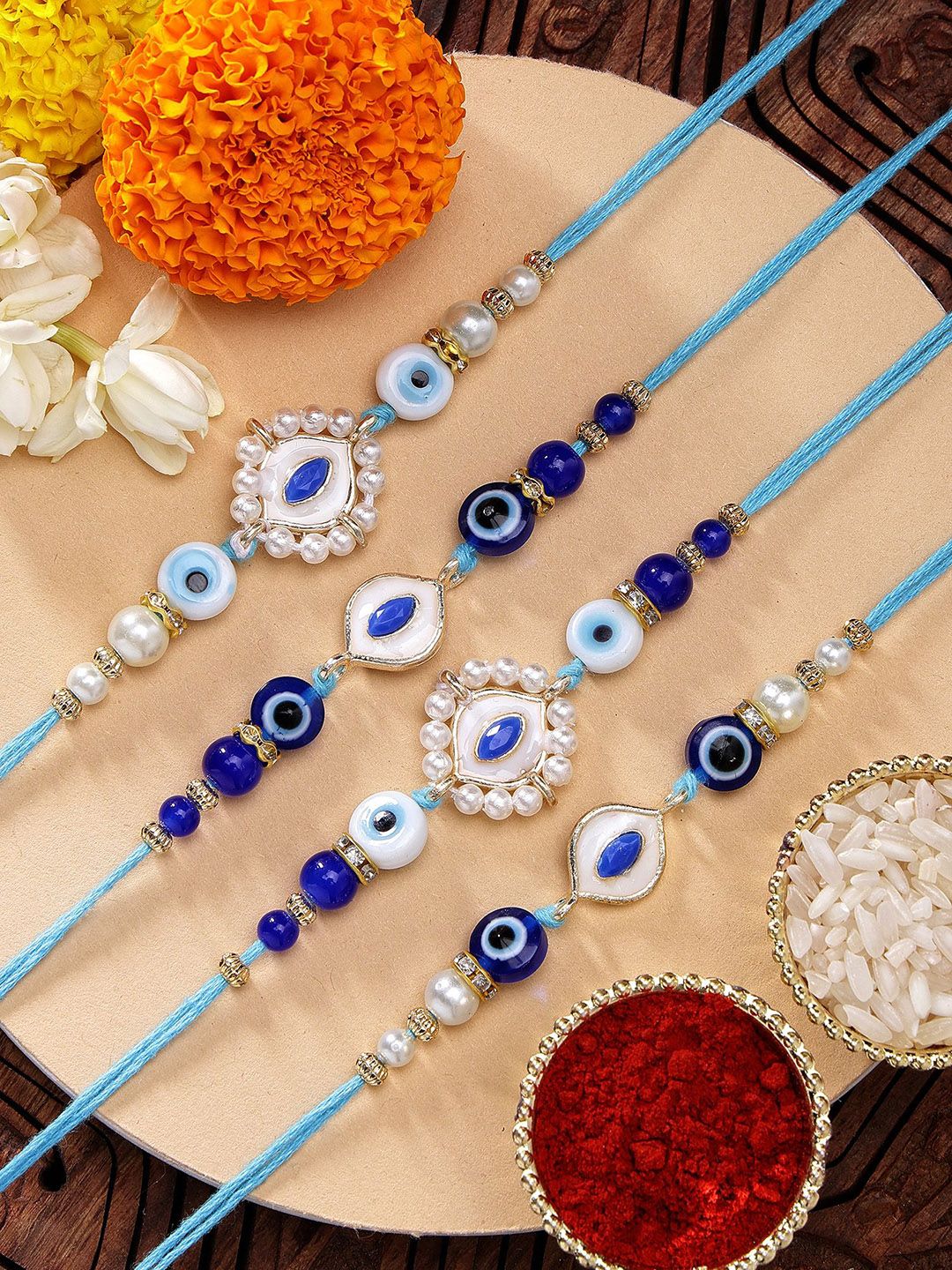 KARATCART Set of 4 Meenakari Evil Eye Kundan Rakhis with Roli & Chawal-picture-25