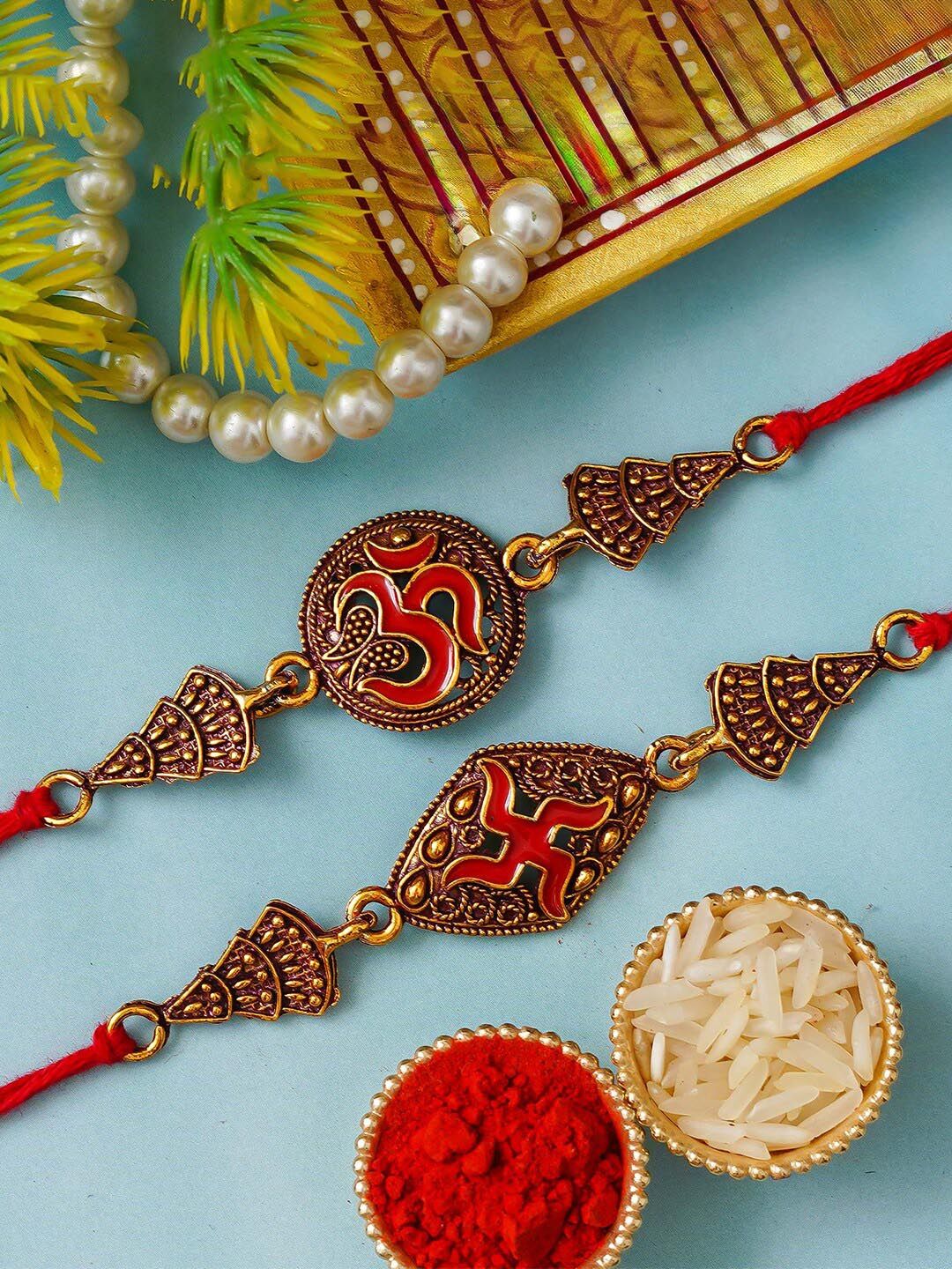 eCraftIndia Set Of 2 Om Swastika Beaded Rakhis With Roli Chawal-picture-37