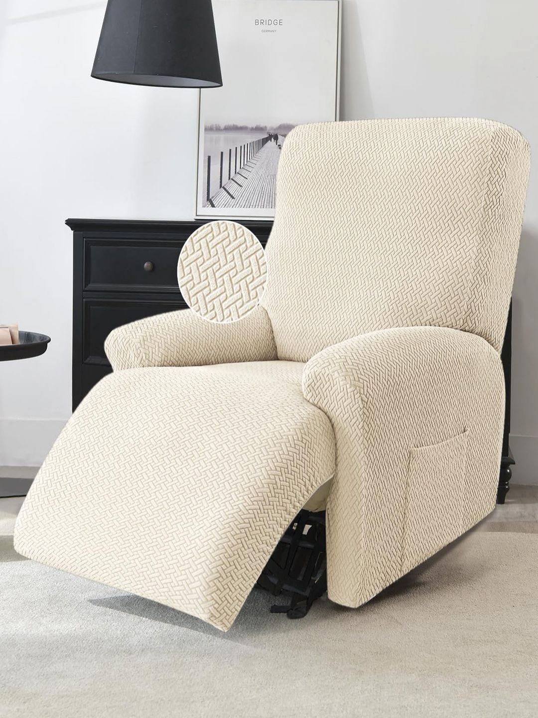 HOKIPO Beige 4 Pieces Self Design Jacquard Recliner Sofa Cover-picture-18