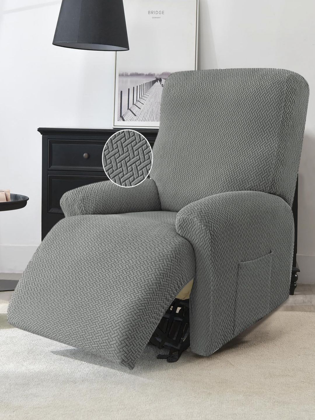 HOKIPO Grey 4 Pieces Self Design Jacquard Recliner Sofa Cover-picture-48