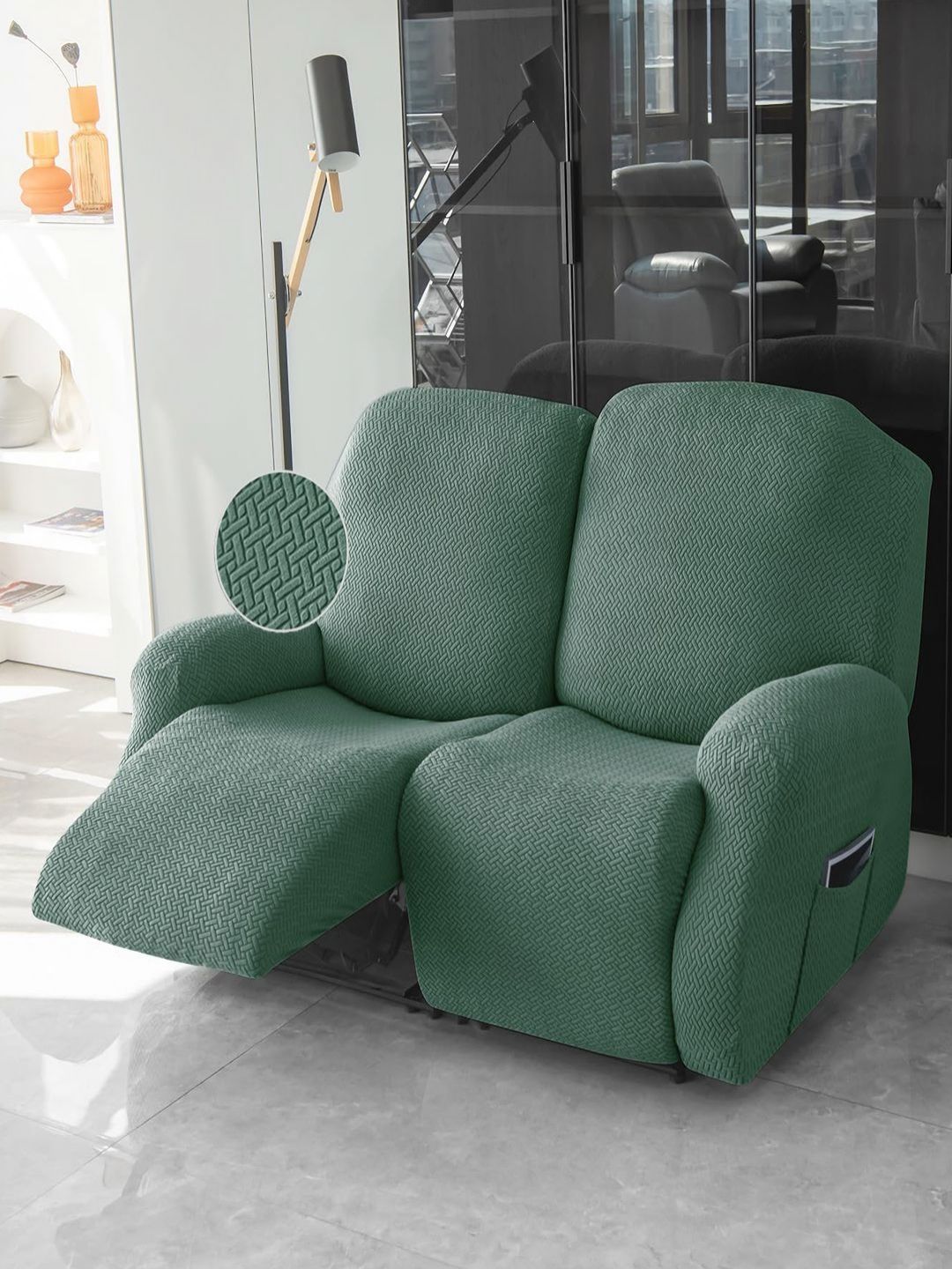 HOKIPO Green 6 Pieces Self Design Jacquard Recliner Sofa Cover-picture-31
