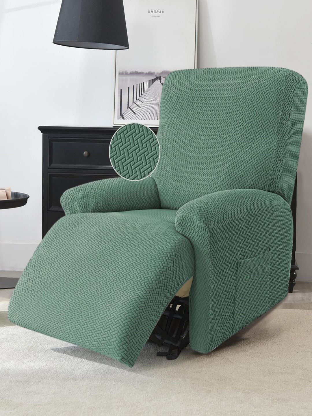 HOKIPO Green 4 Pieces Self Design Jacquard Recliner Sofa Cover-image-25