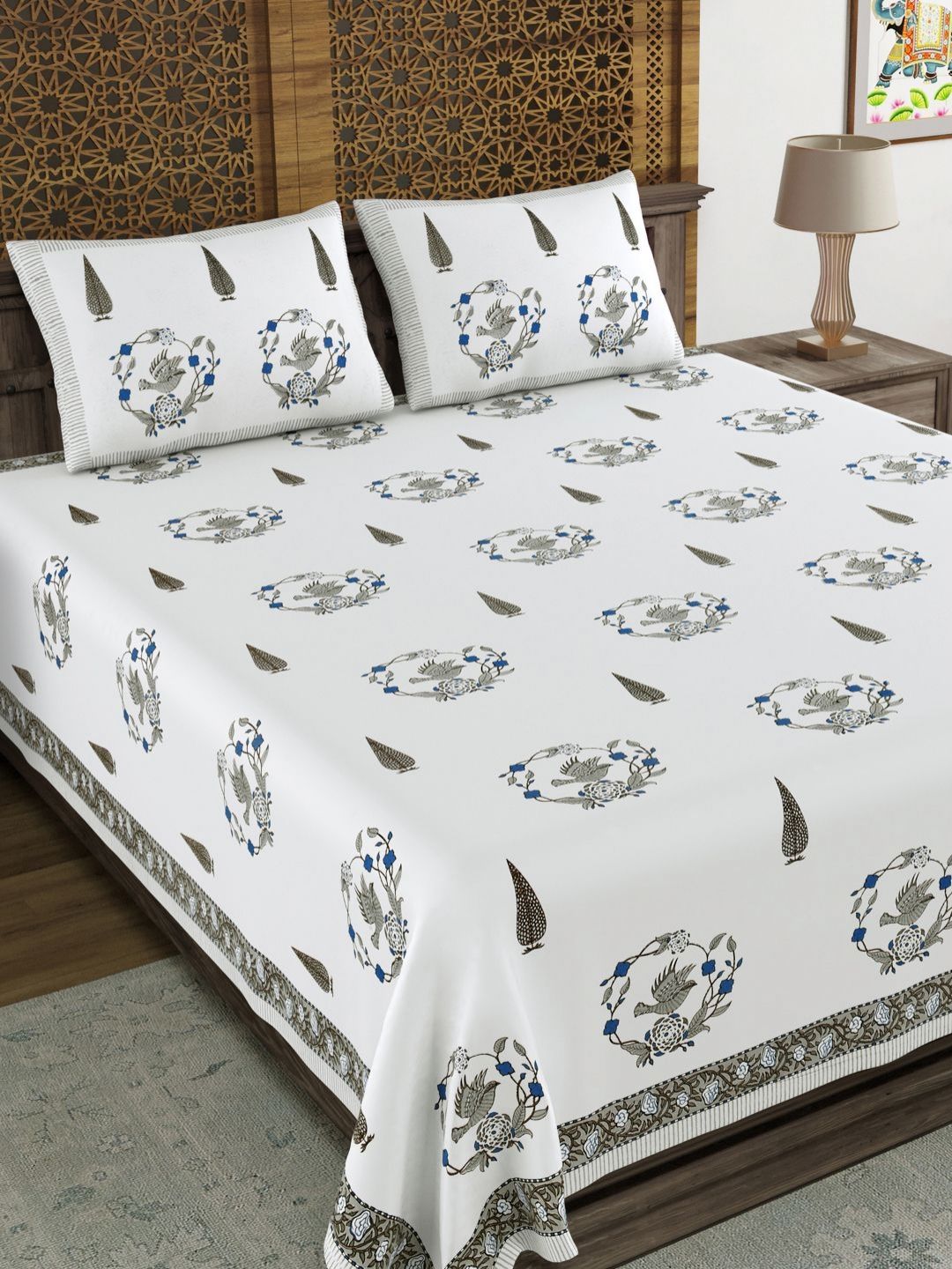BLOCKS OF INDIA Blue & White Ethnic Motifs 210 TC King Bedsheet with 2 Pillow Covers-picture-42