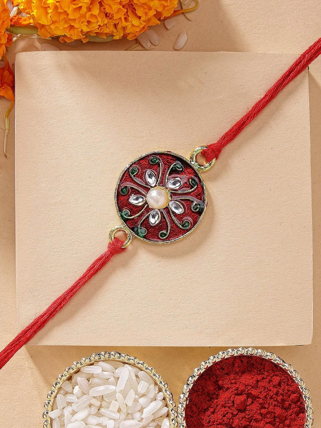 KARATCART Red Meenakari Floral Design Rakhi with Roli Chawal-picture-11