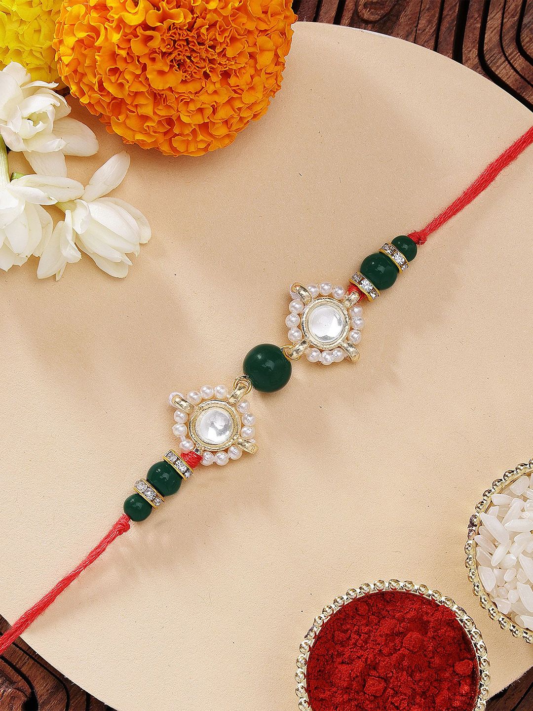 KARATCART Fashionable Gold Plated Green Beads Kundan Rakhi with Roli & Chawal-picture-31