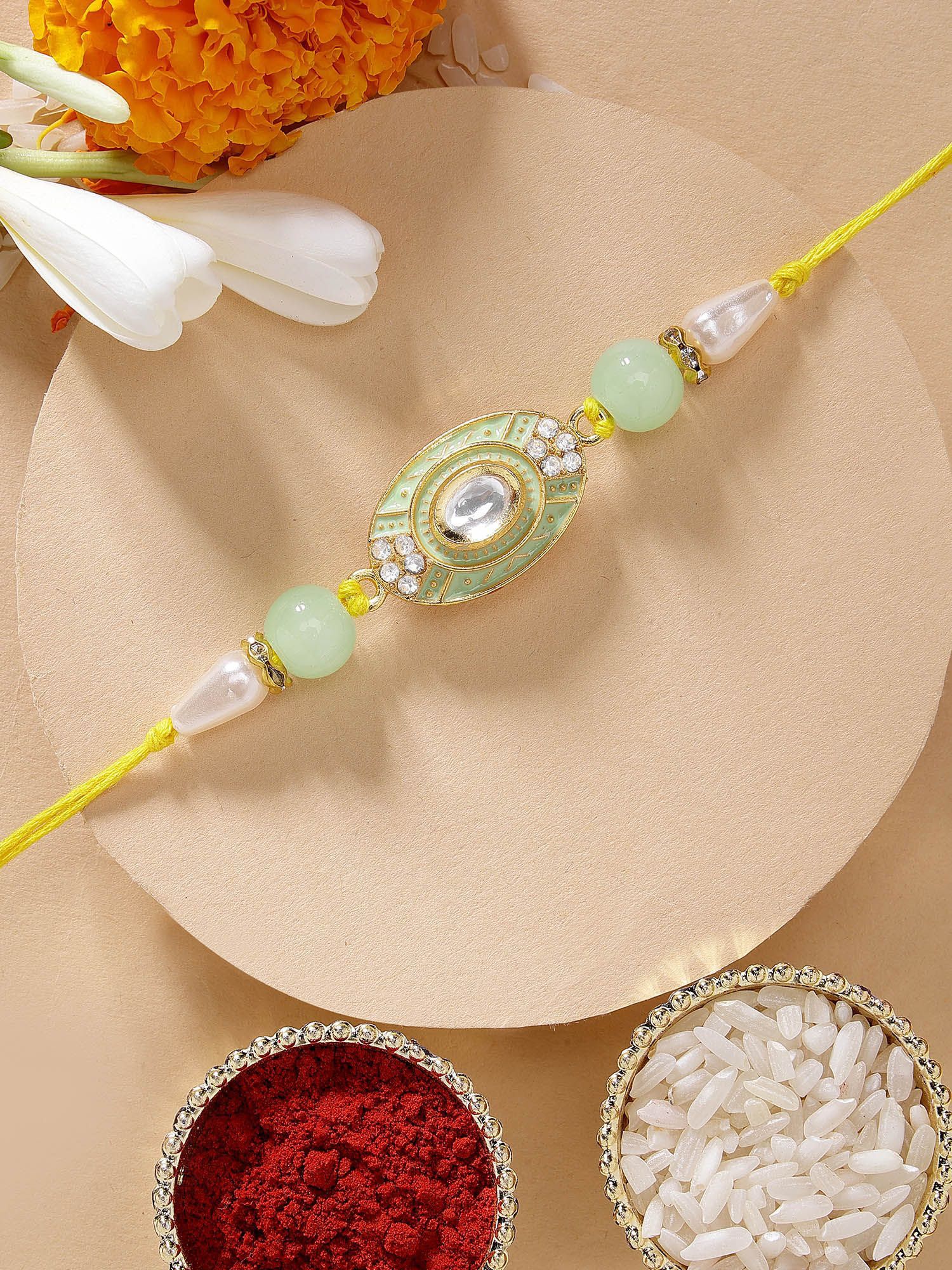 KARATCART Lime Green Meenakari Polki Kundan Rakhi with Roli Chawal-picture-46