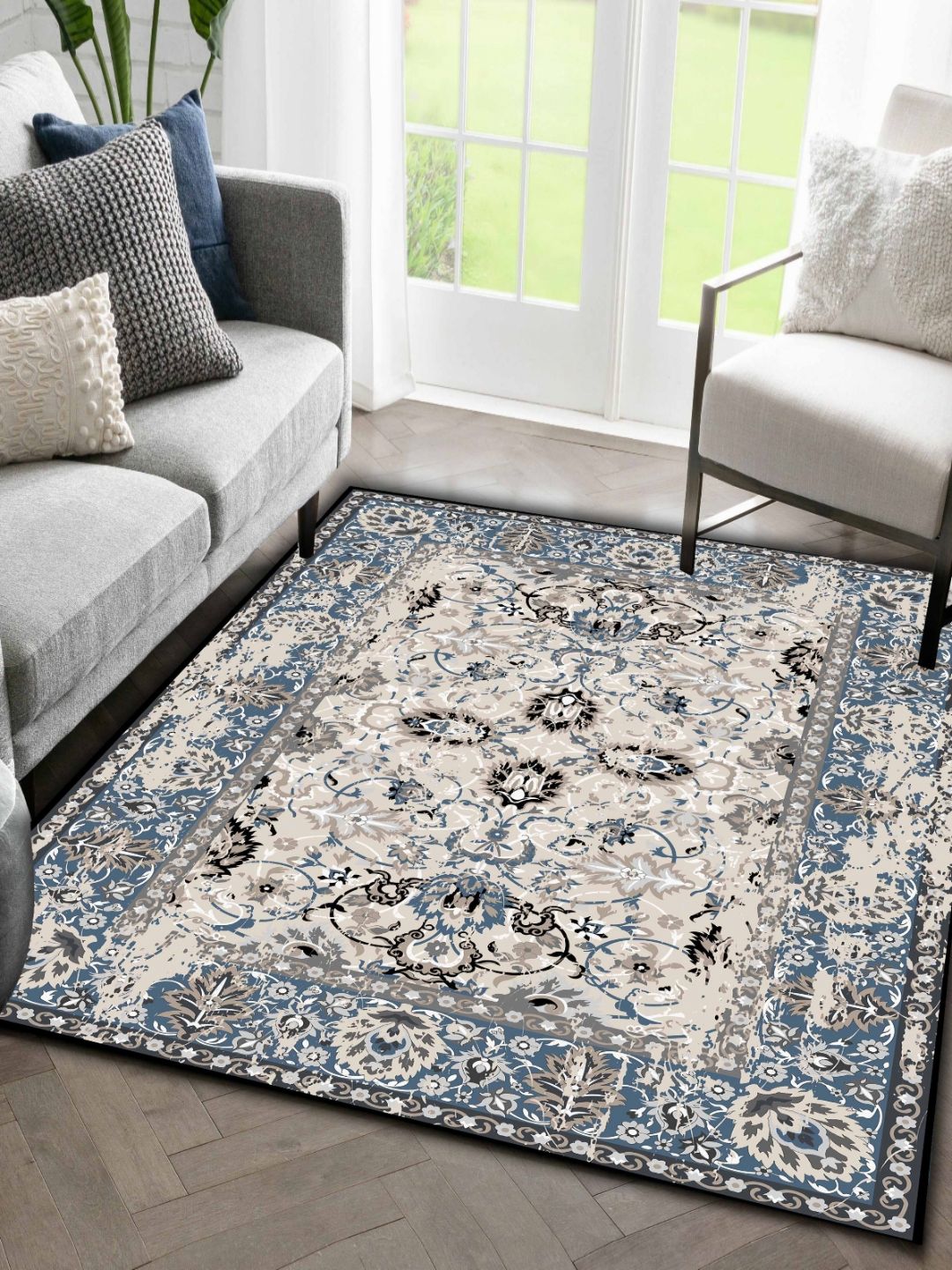Sparrow world White Bohemian Anti-Skid Polyester Carpet