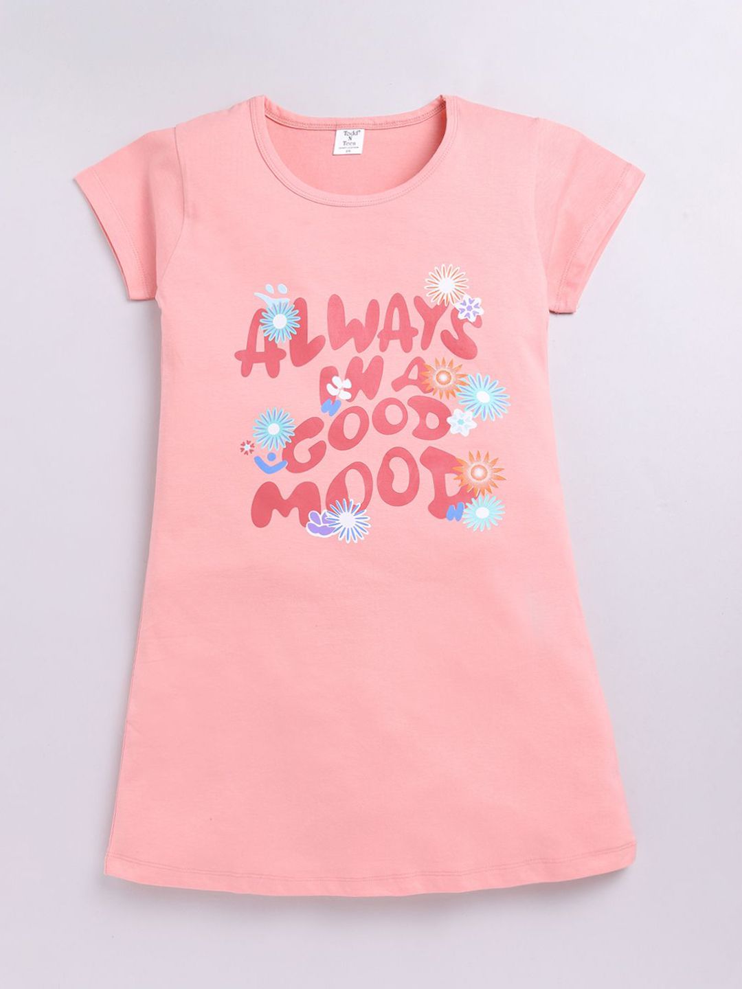 Todd N Teen Girls Typography Printed Pure Cotton T-shirt Nightdress-image-2