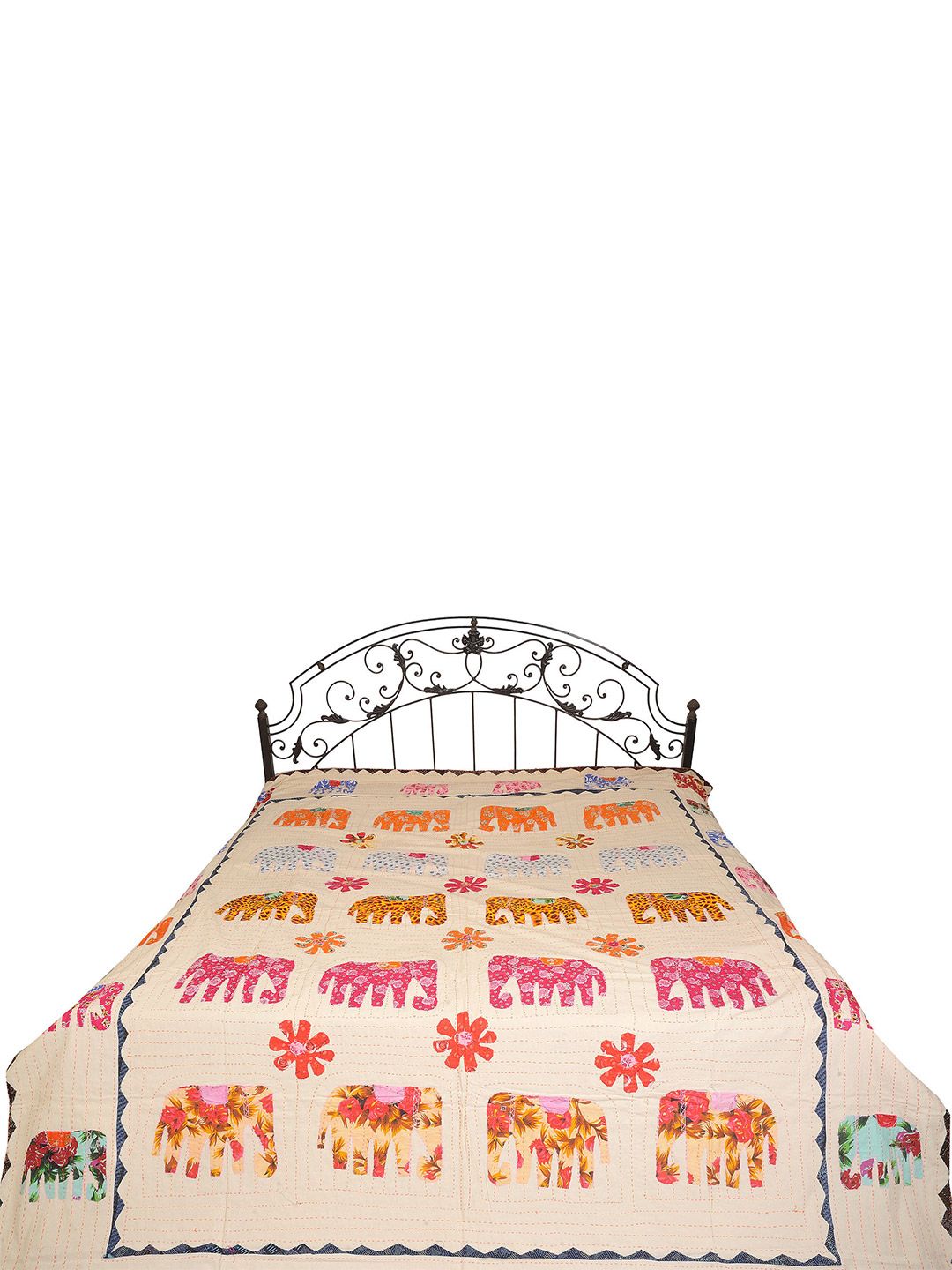 Exotic India Cream-Coloured Ethnic Motifs Printed Cotton 300 TC Cotton Queen Bedsheet-image-24