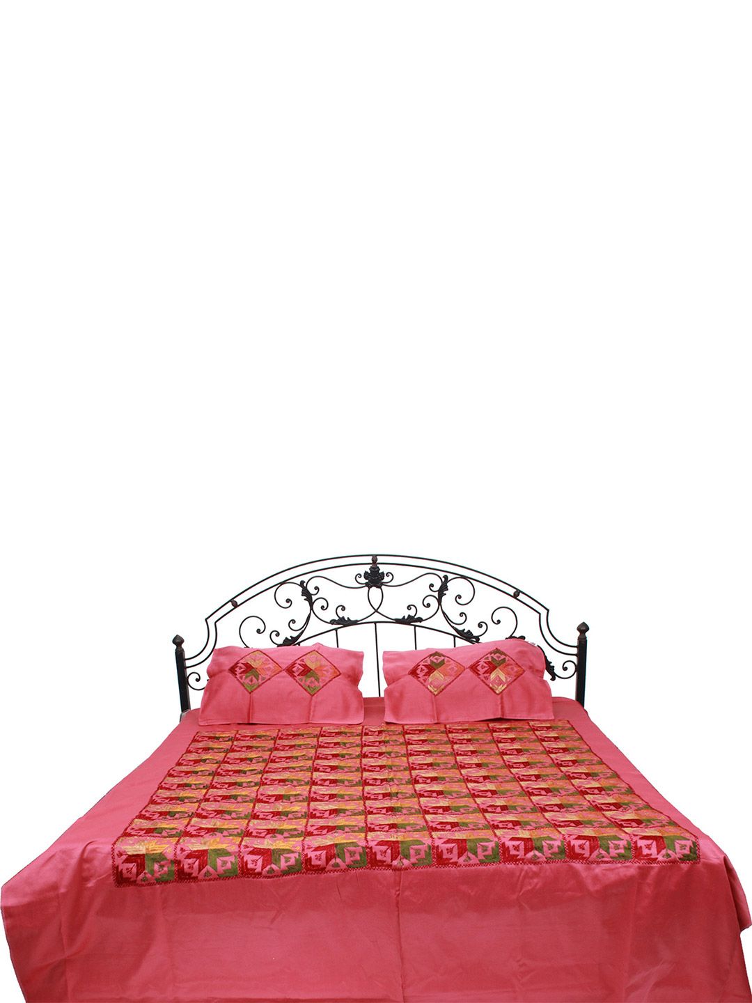 Exotic India Coral & Green Ethnic Motifs Cotton 300 TC Queen Bedsheet with 2 Pillow Covers-image-9