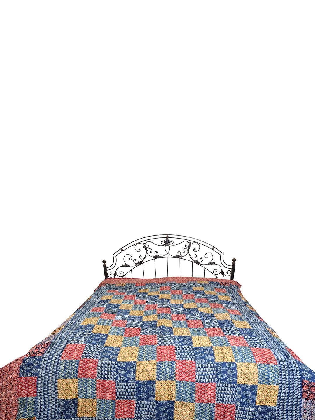 Exotic India Blue & Red Ethnic Motifs Printed Cotton 300 TC Queen Bedsheet-image-14