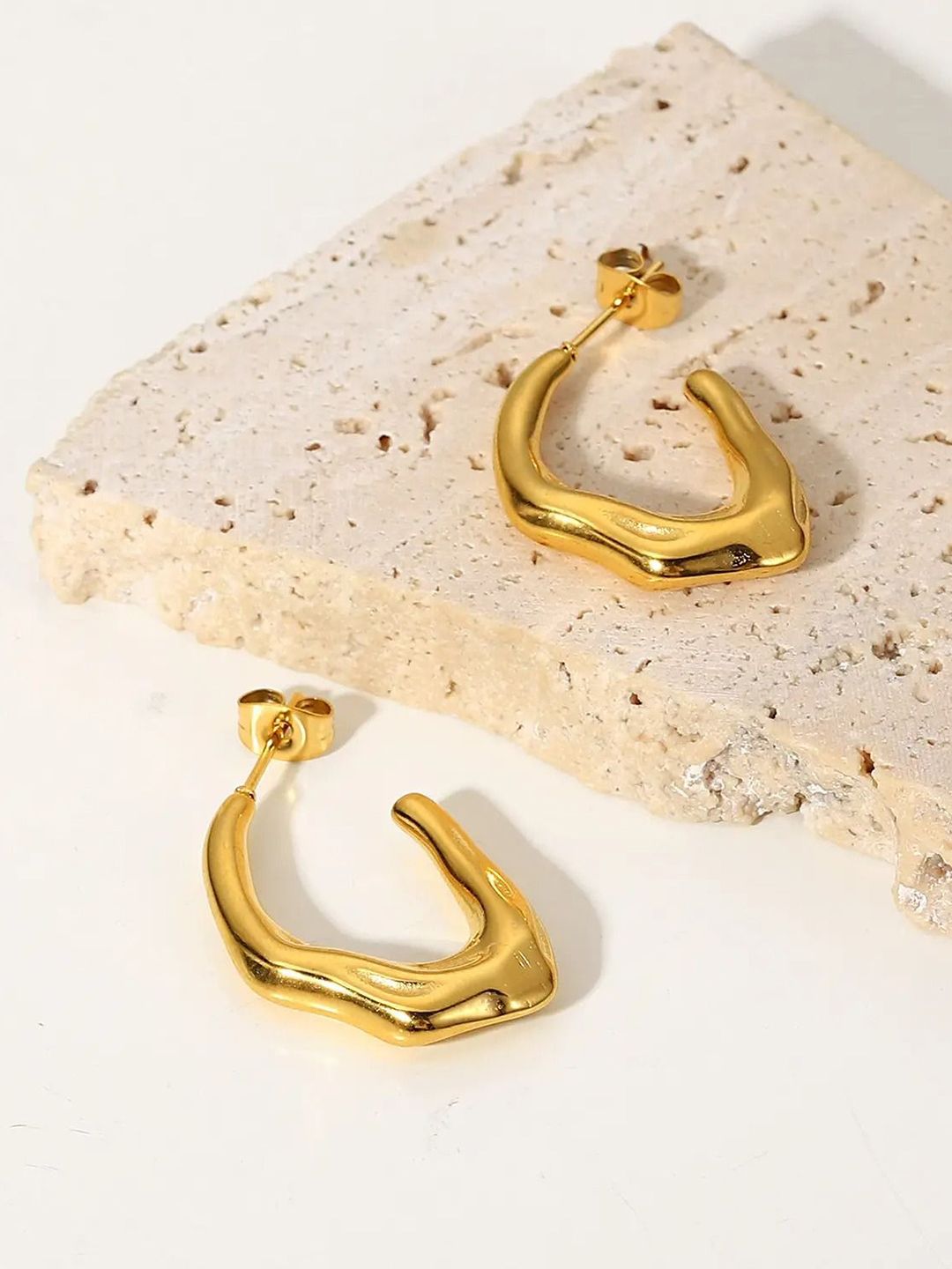 VIEN Gold-Plated Stainless Steel Geometric Shaped Half Hoop Earrings-picture-24