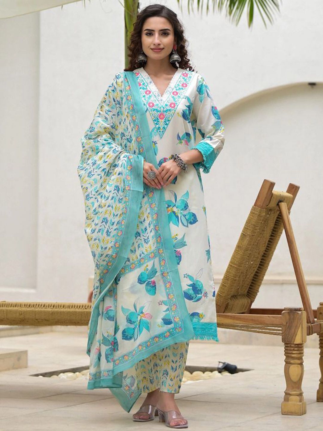 KALINI Floral Printed Embroidered Pure Cotton Straight Kurta With Palazzos & Dupatta-picture-36