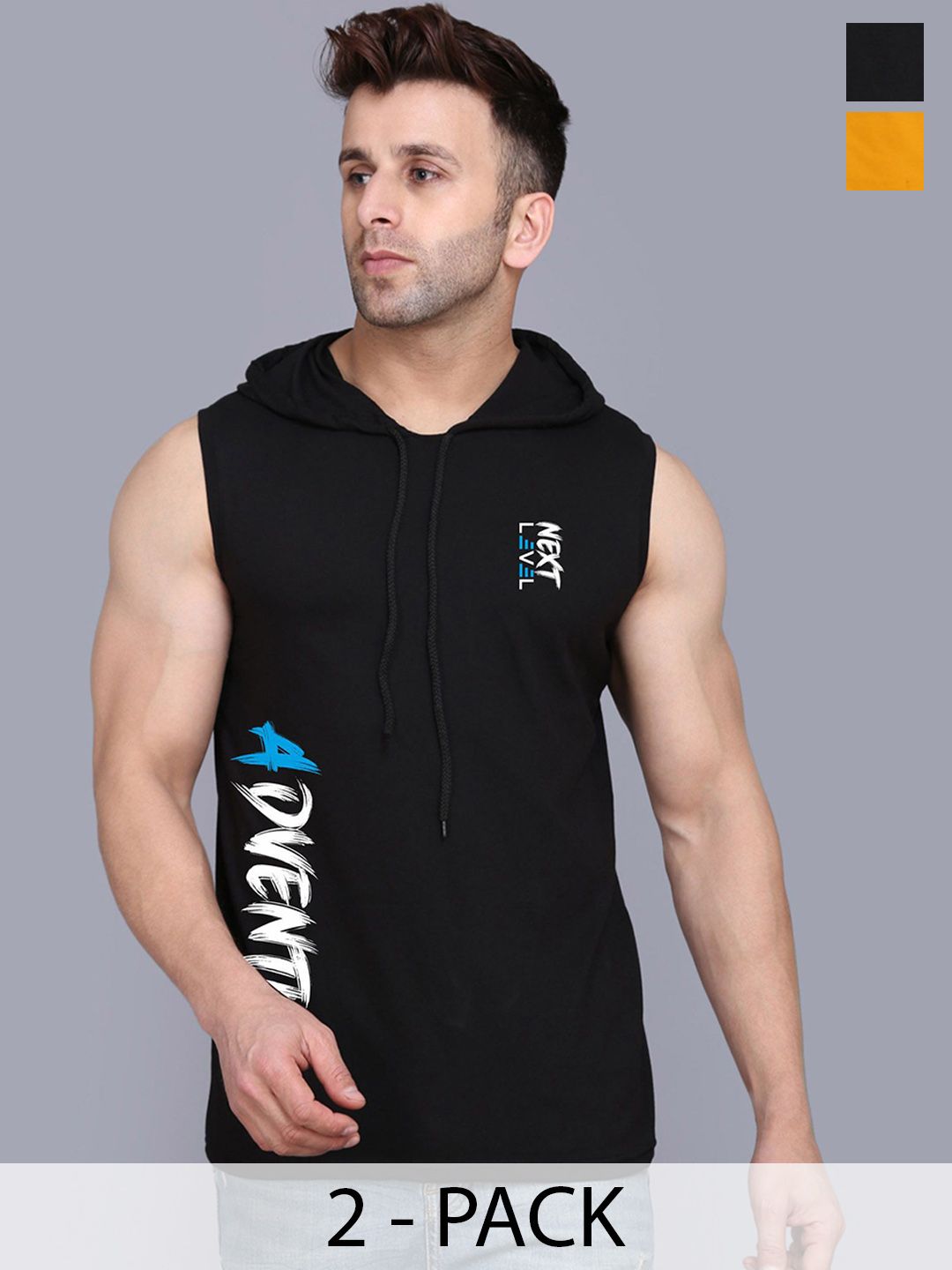 SLOWLORIS Pack of 2 Printed Hooded Sleeveless Gym Vests