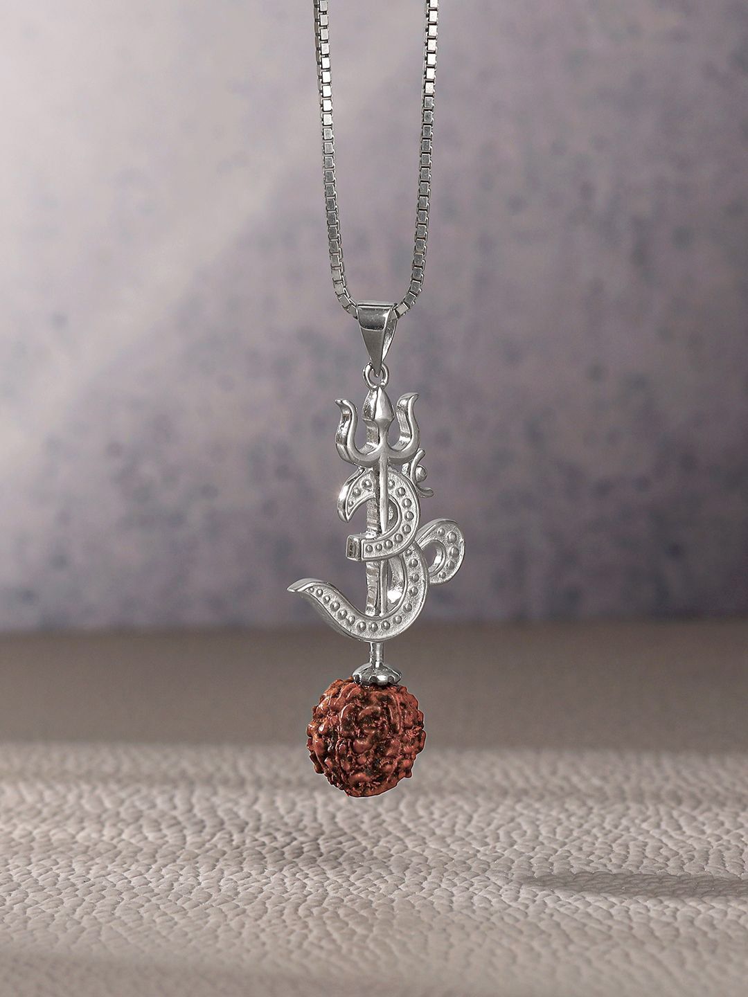 GIVA 925 Sterling Silver Rhodium-Plated Om Trishul Rudrakshi Pendants With Chains
