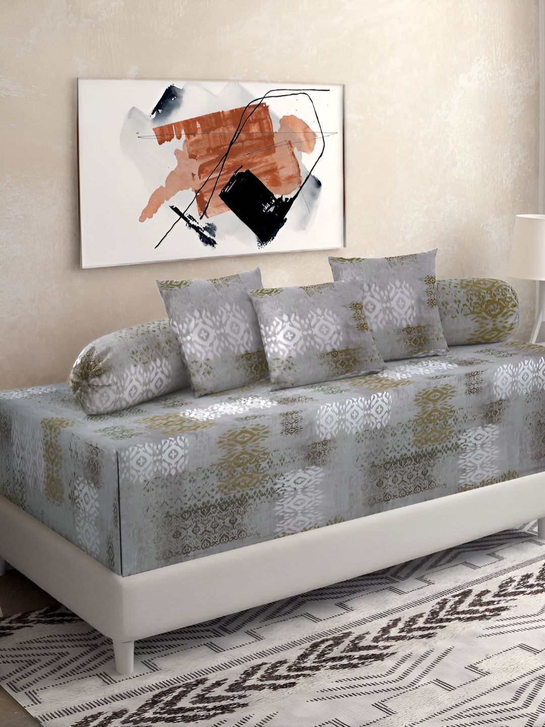 KLOTTHE Grey & White 6 Pieces Geometric Printed Pure Cotton Diwan Set-picture-25