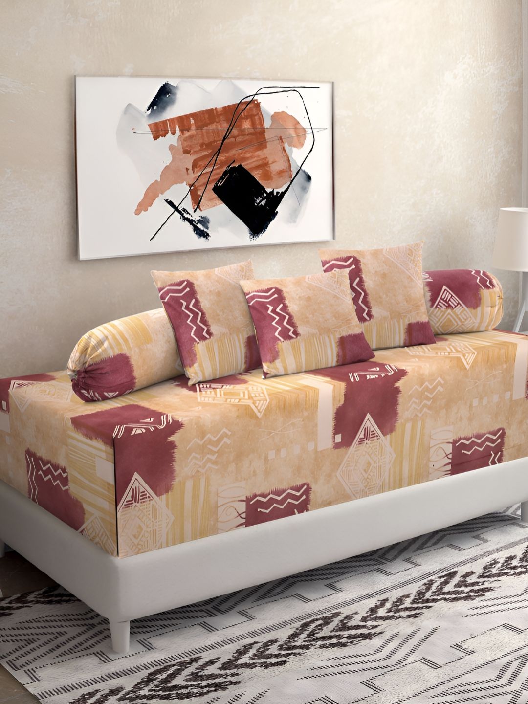 KLOTTHE Beige & Mauve 6 Pieces Geometric Printed Pure Cotton Diwan Set-picture-39