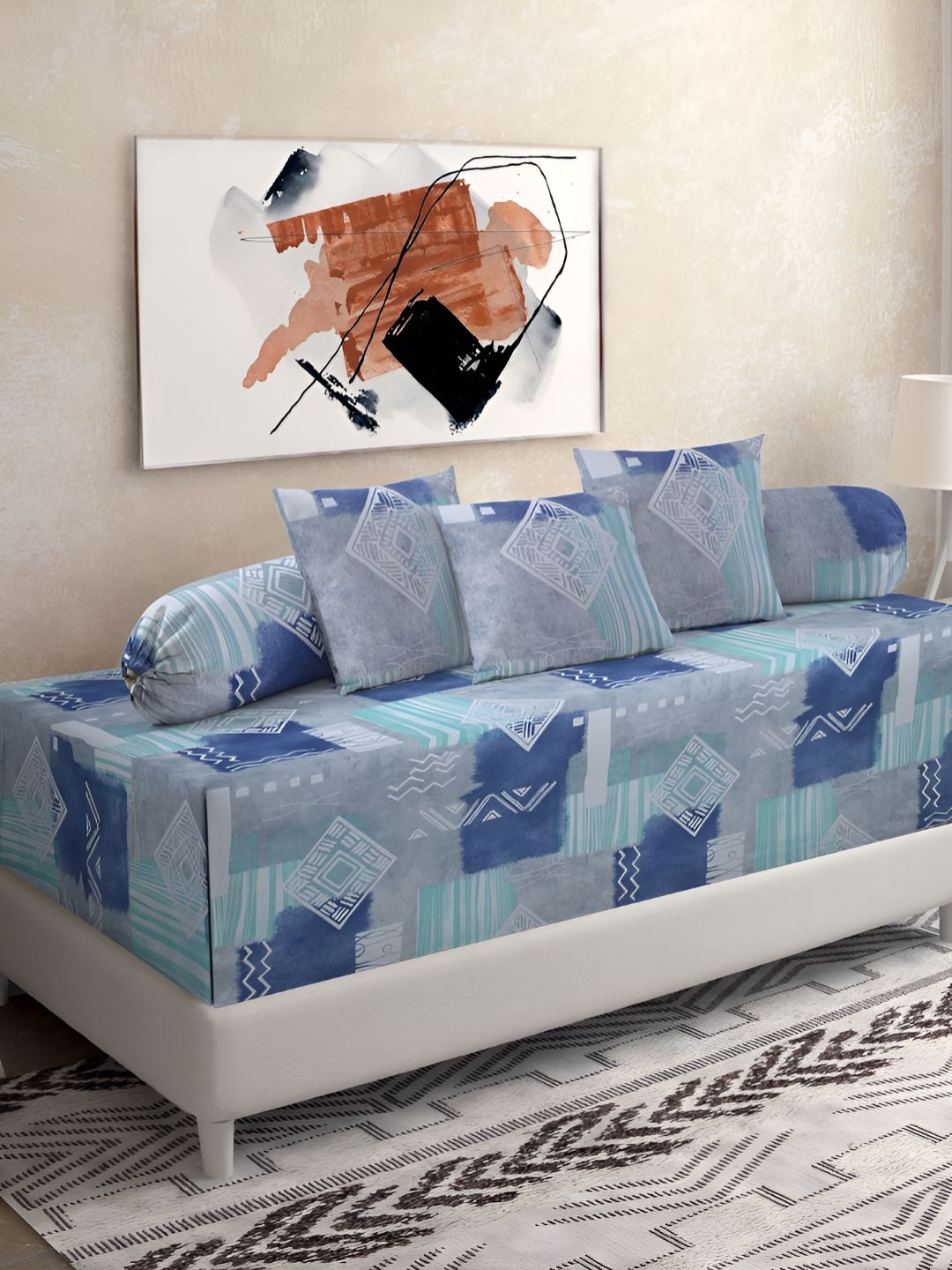 KLOTTHE Blue & Grey 6 Pieces Geometric Printed Pure Cotton Diwan Set-image-39