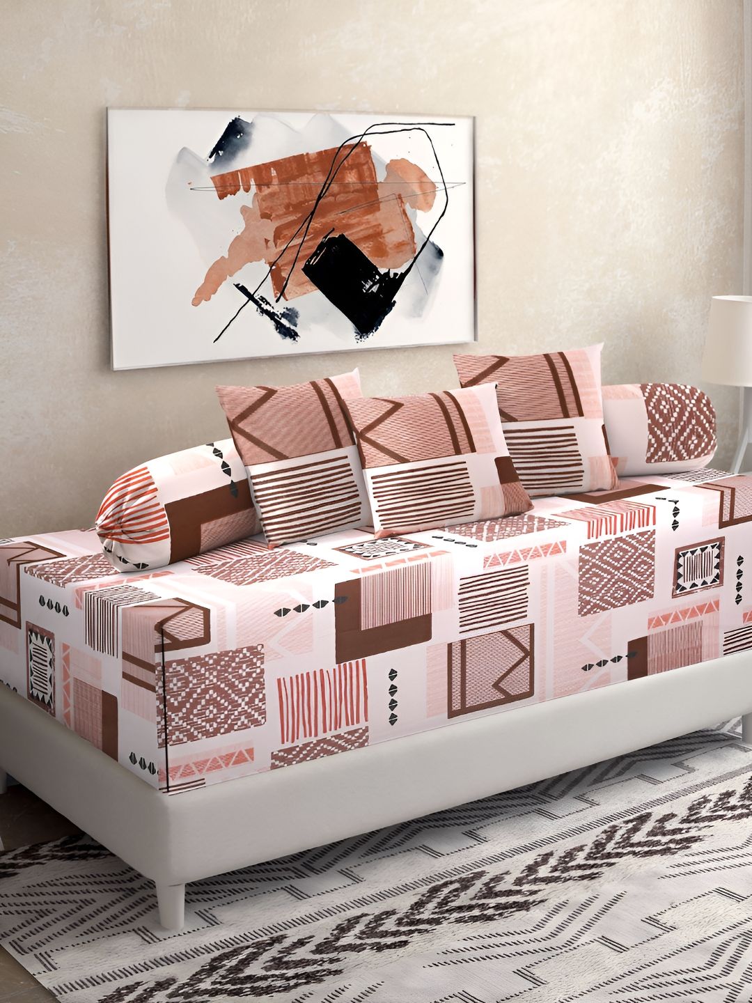 KLOTTHE Orange & Brown 6 Pieces Geometric Printed Pure Cotton Diwan Set-image-48