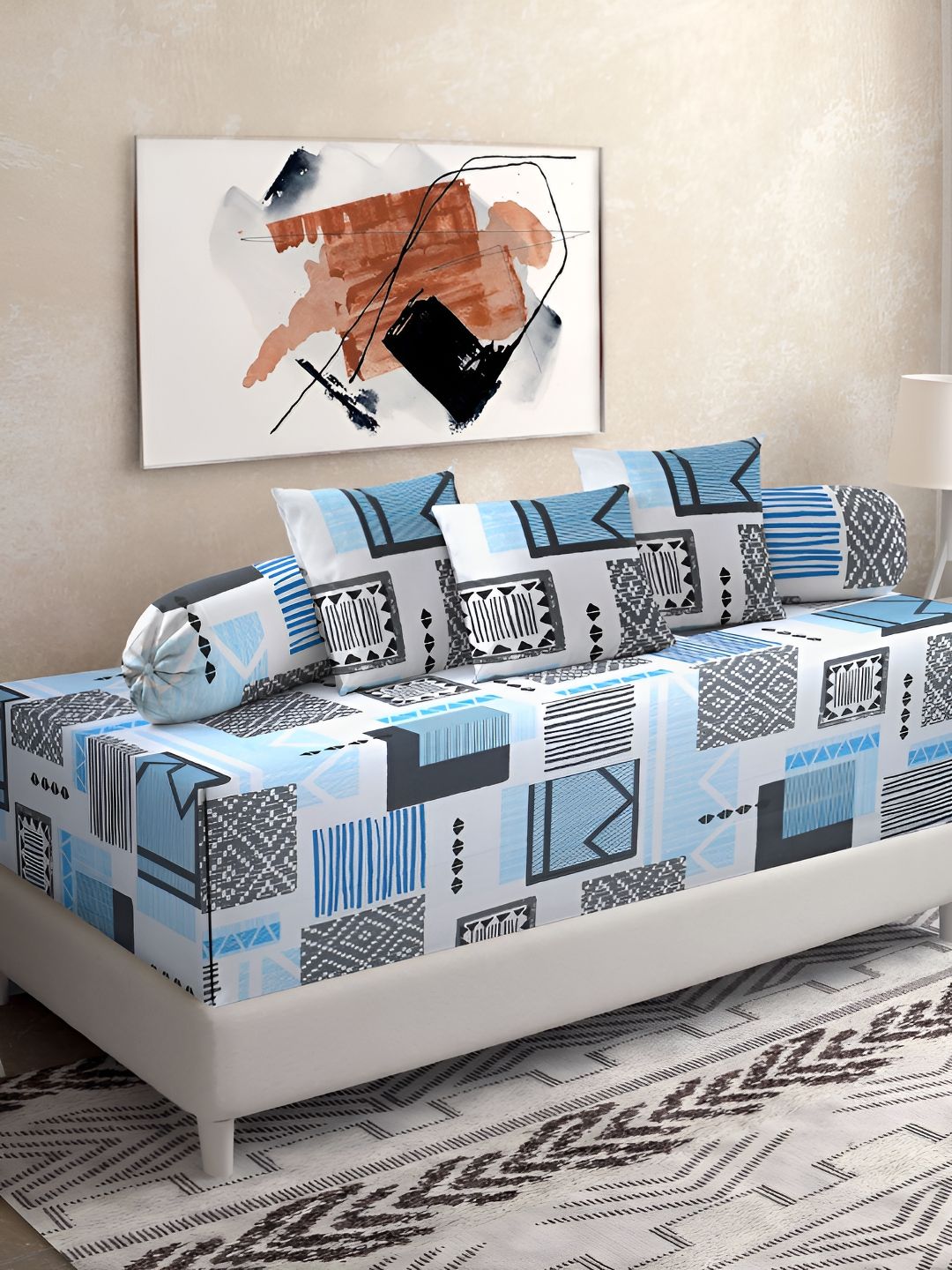 KLOTTHE Blue & White 6 Pieces Geometric Printed Pure Cotton Diwan Set-picture-33