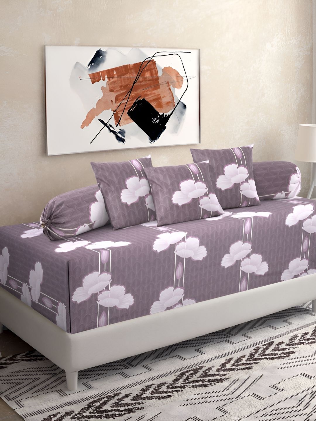 KLOTTHE Purple & White 6 Pieces Floral Printed Pure Cotton Diwan Set-image-24