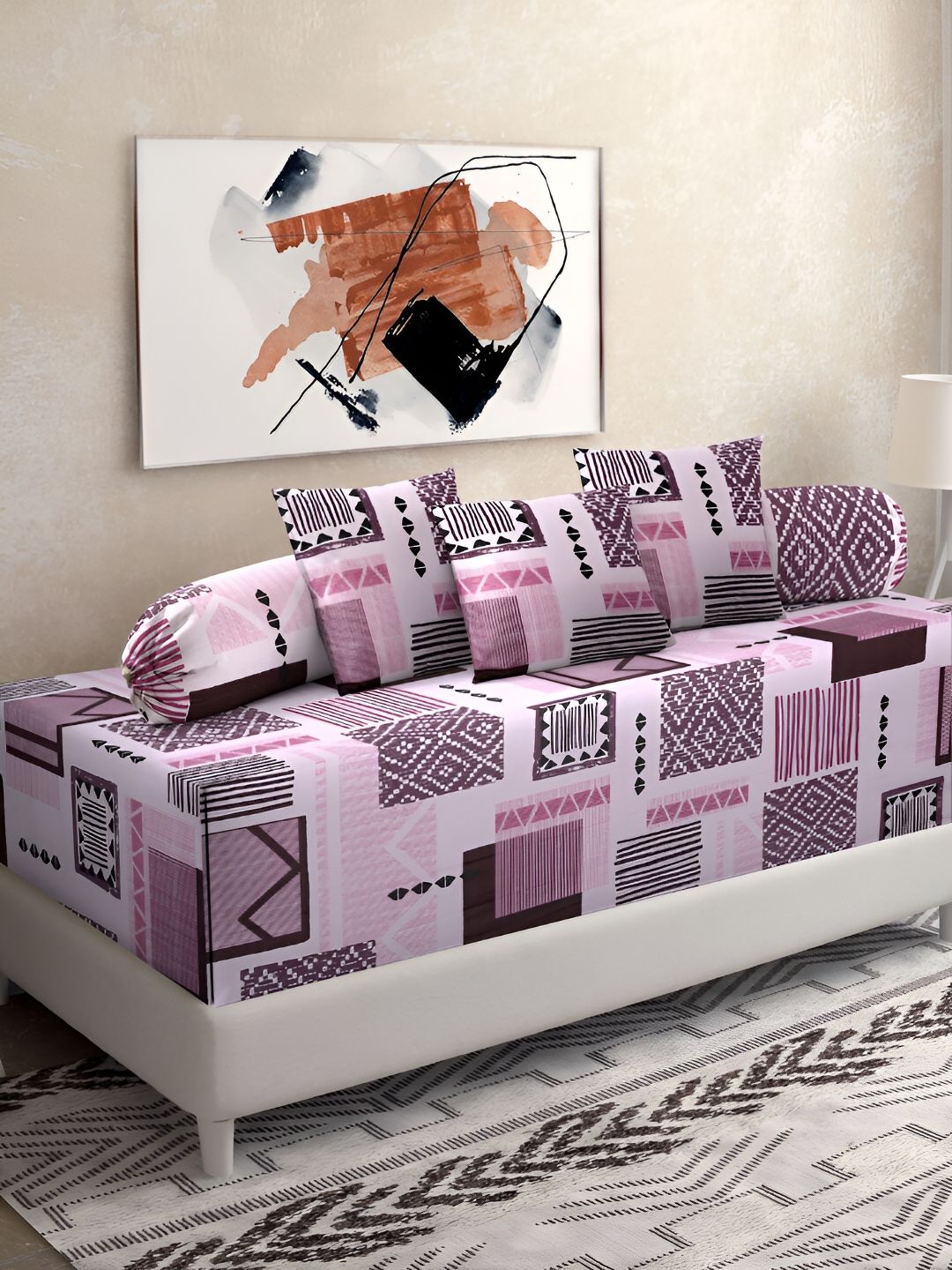 KLOTTHE Purple & White 6 Pieces Geometric Printed Pure Cotton Diwan Set-picture-35