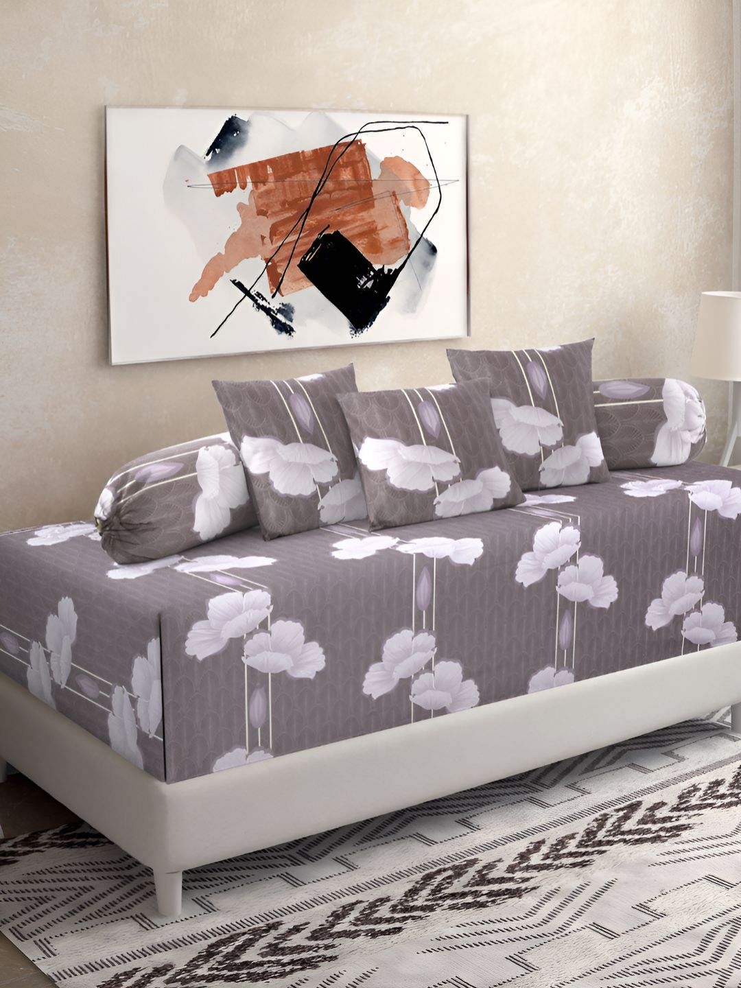 KLOTTHE Grey & White 6 Pieces Floral Printed Pure Cotton Diwan Set-picture-23