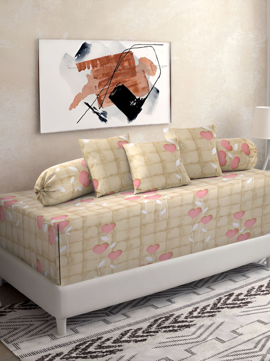 KLOTTHE Pink & White 6 Pieces Floral Printed Pure Cotton Diwan Set-picture-17