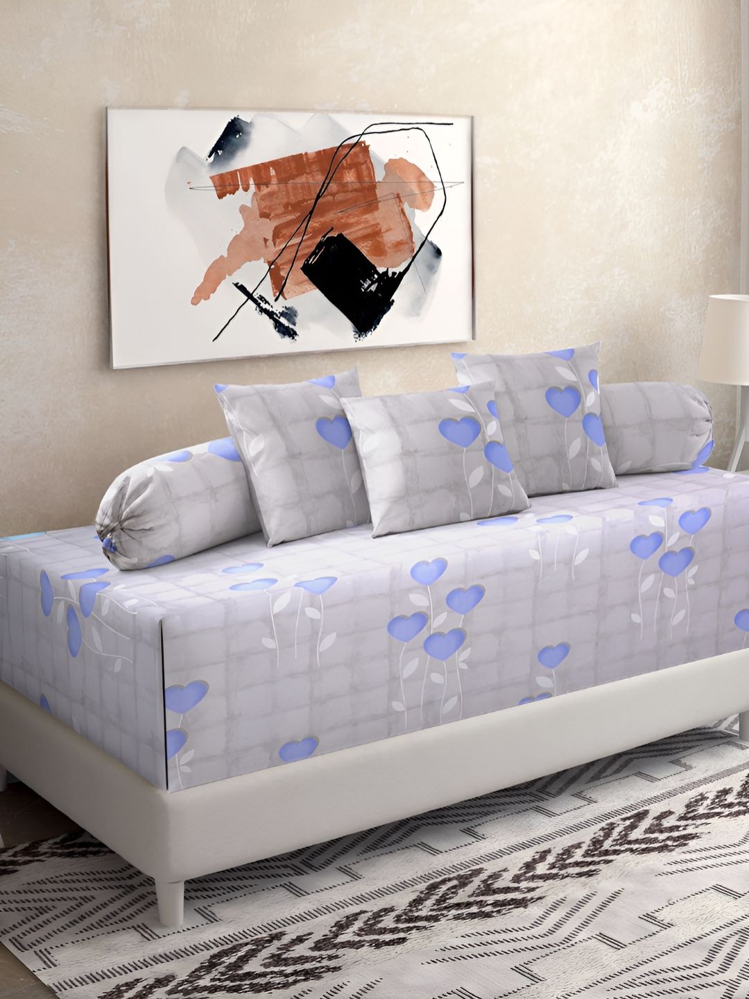 KLOTTHE Blue & White 6 Pieces Floral Printed Pure Cotton Diwan Set-picture-36