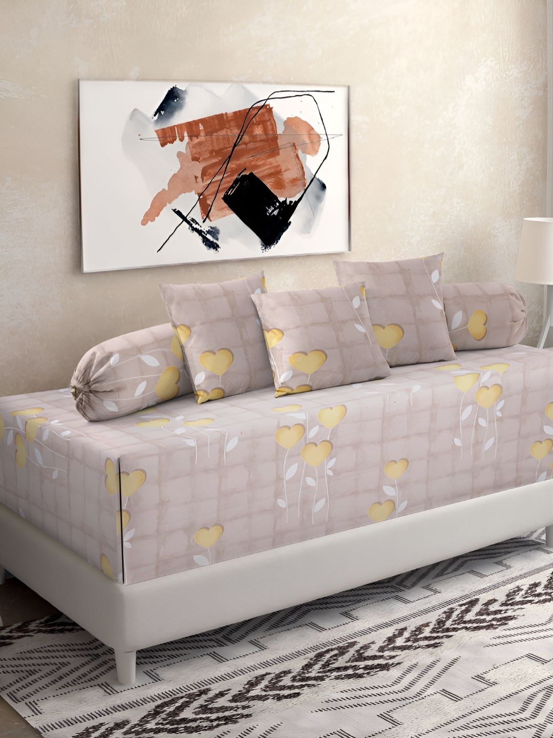 KLOTTHE Yellow & Grey 6 Pieces Floral Printed Pure Cotton Diwan Set-image-36