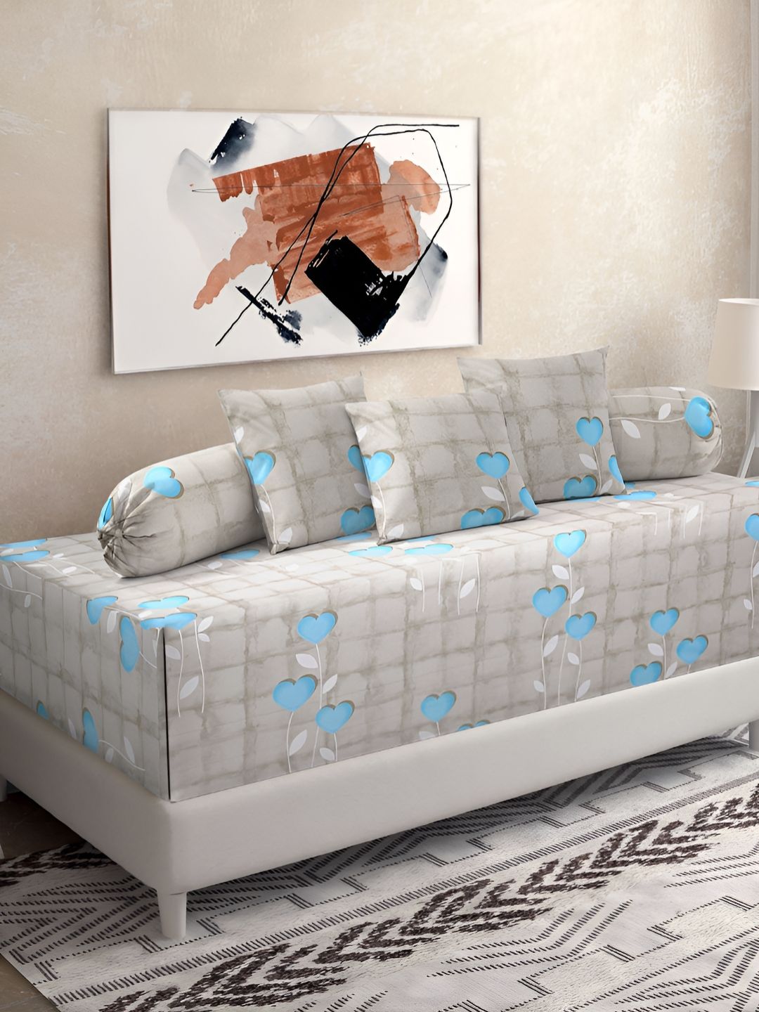 KLOTTHE Turquoise Blue & Grey 6 Pieces Floral Printed Pure Cotton Diwan Set-image-4