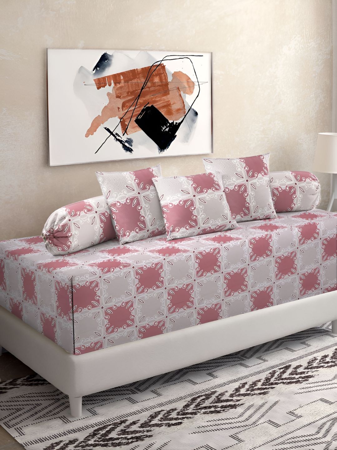 KLOTTHE Pink & Grey 6 Pieces Floral Printed Pure Cotton Diwan Set-picture-16