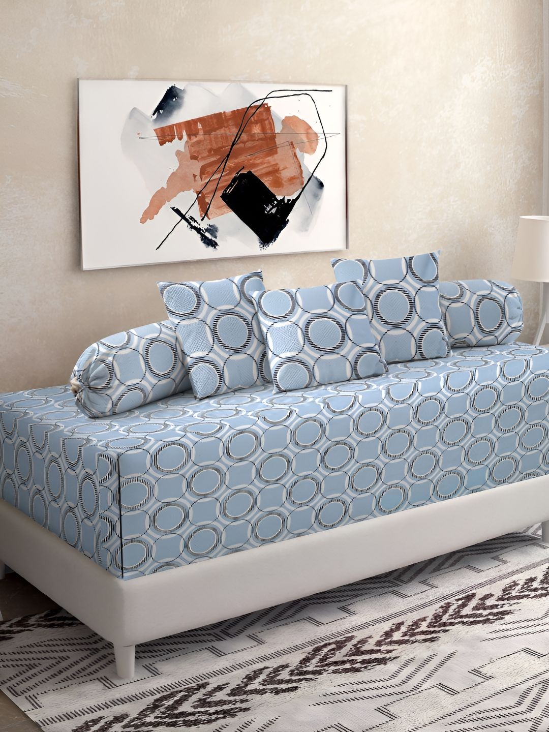 KLOTTHE Blue & Grey 6 Pieces Geometric Printed Pure Cotton Diwan Set-image-38