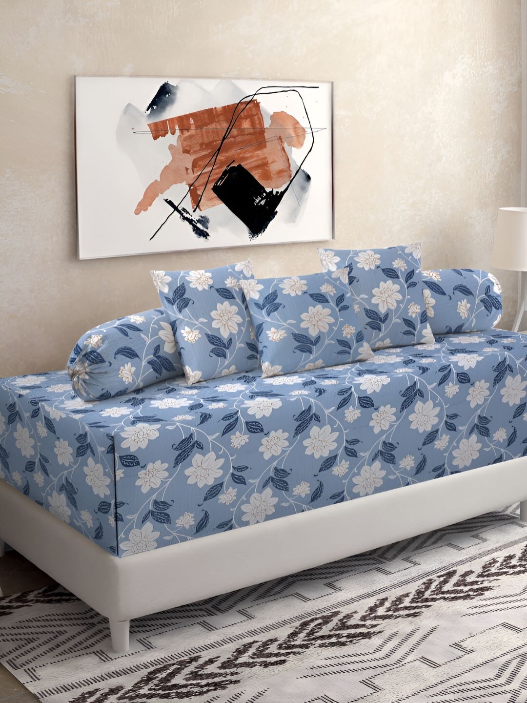 KLOTTHE Blue & White 6 Pieces Floral Printed Pure Cotton Diwan Set-picture-34