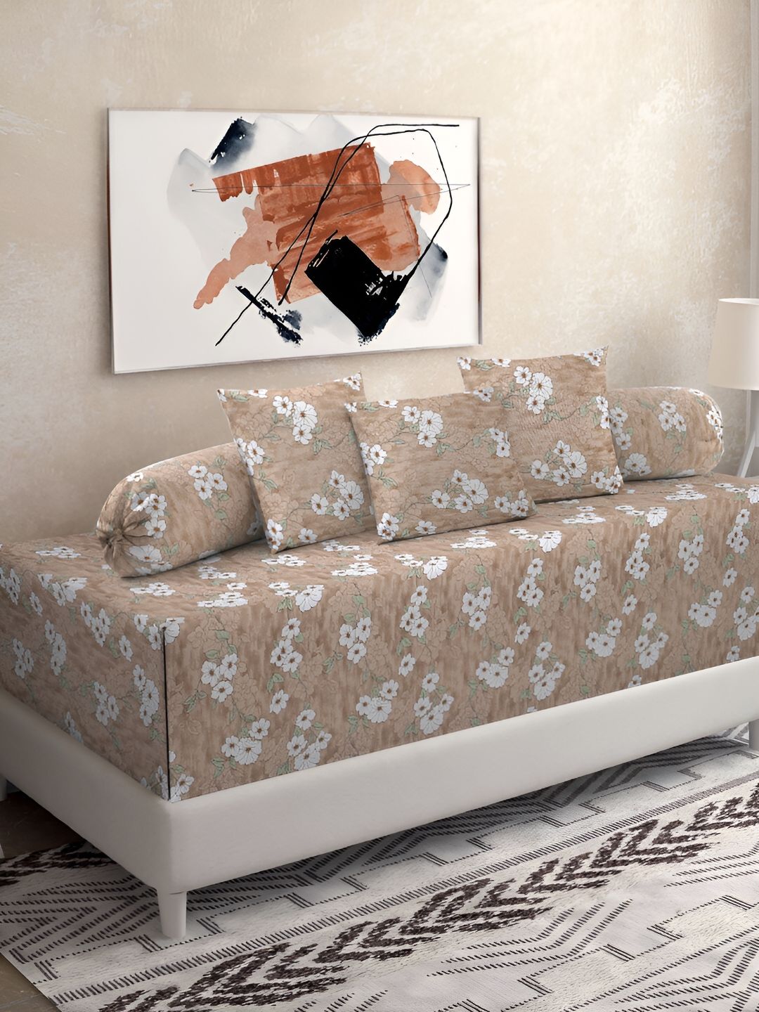 KLOTTHE Beige & White 6 Pieces Floral Printed Pure Cotton Diwan Set-image-46
