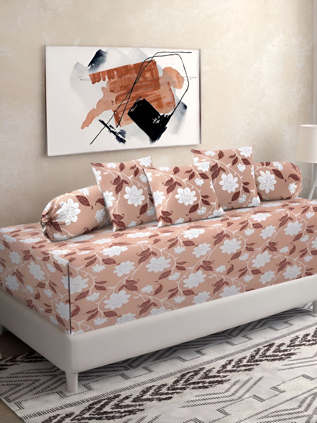 KLOTTHE Beige & White 6 Pieces Floral Printed Pure Cotton Diwan Set-image-21