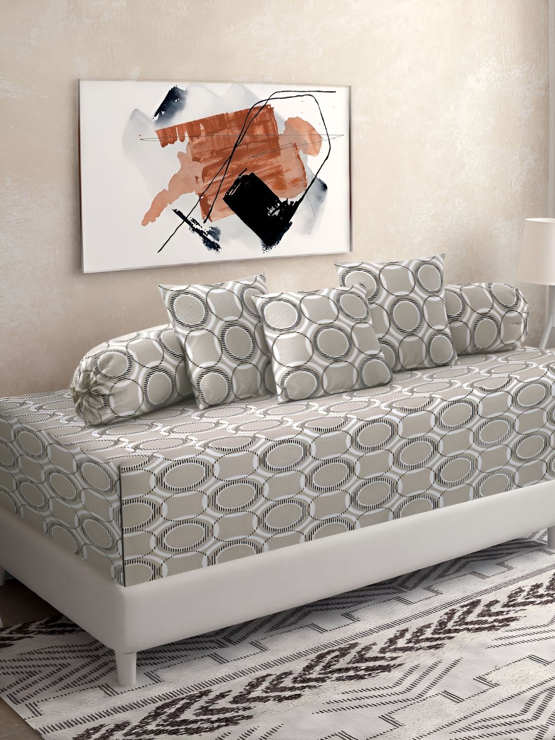 KLOTTHE 6Pcs Beige & Grey Geometric Printed Pure Cotton Diwan Set-image-38